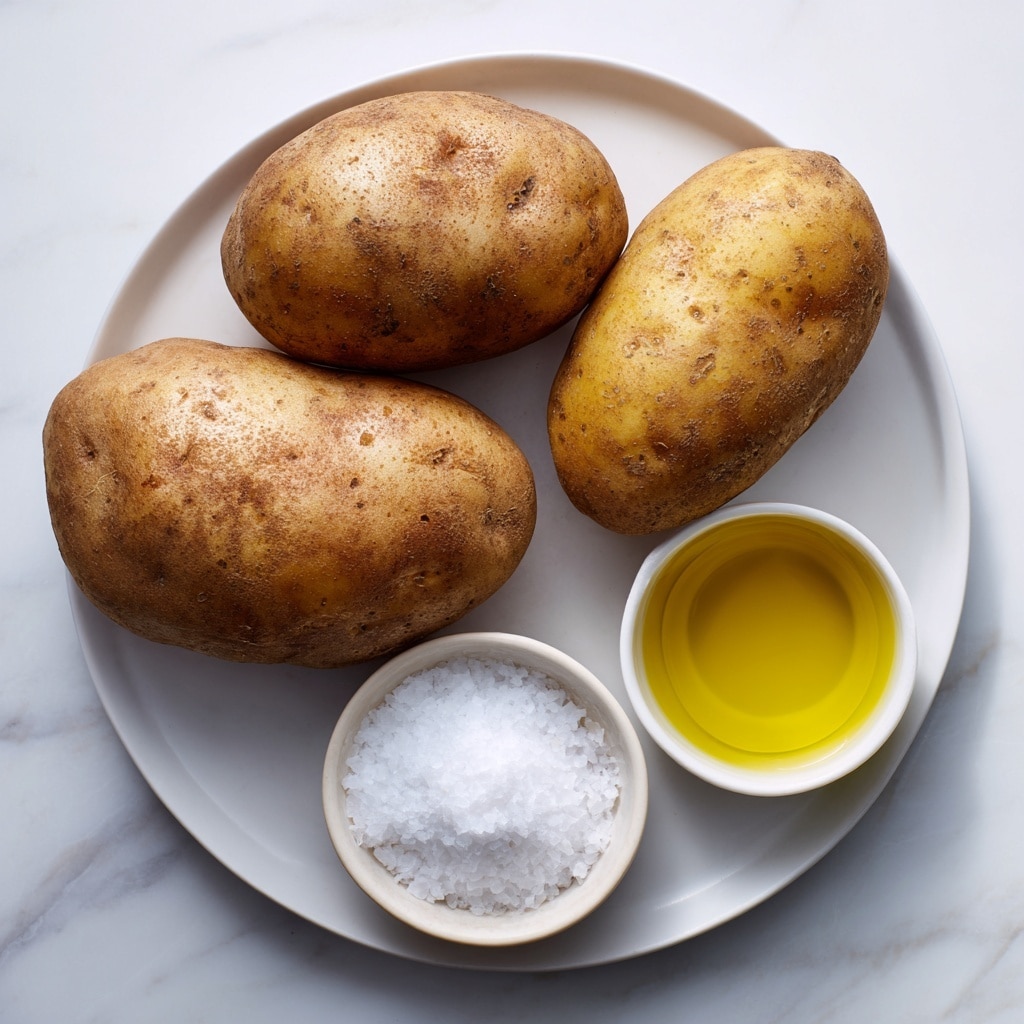 The image shows three large russet potatoes with a rough, brown skin placed on a simple white plate in the center. Below the plate, there is a small white bowl filled with coarse sea salt, showing a chunky white texture, and next to it on the right, there is another small white bowl filled with golden olive oil that has a smooth liquid shine. The background has a white marbled texture which adds a clean and bright feel to the scene. photo taken with an iphone --ar 4:5 --v 7