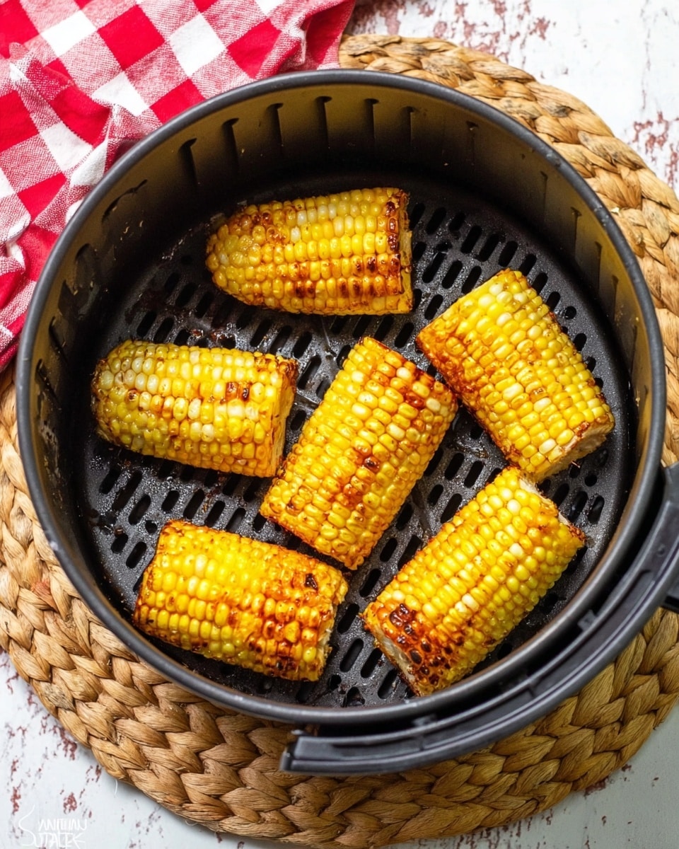 A round black air fryer basket holds five pieces of grilled corn on the cob, each piece cut into small sections. The corn is bright yellow with some brown char marks scattered on the kernels showing it is cooked. The basket has round holes on the bottom and sits on a circular woven mat. The background is a white marbled surface with a red and white checkered cloth partially visible at the top. Photo taken with an iphone --ar 4:5 --v 7