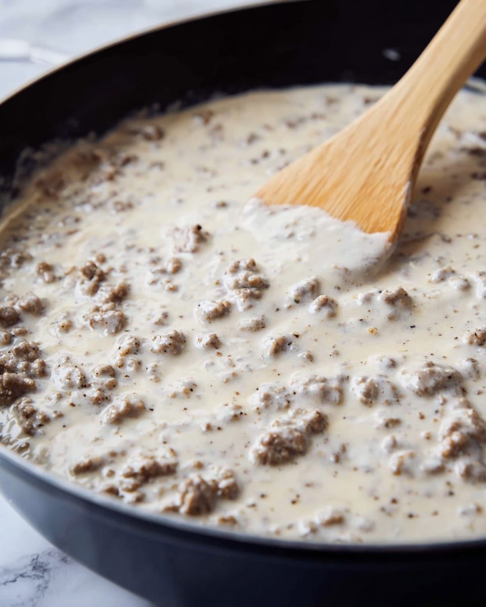 A close-up view of a creamy dish with a thick white gravy full of small beige and brown pieces of ground meat. The dish fills a black pan, with a wooden spoon mixing or resting inside, partially covered in the creamy sauce. The texture looks smooth with visible specks of seasoning spread evenly throughout the sauce. The background is a white marbled surface. photo taken with an iphone --ar 4:5 --v 7