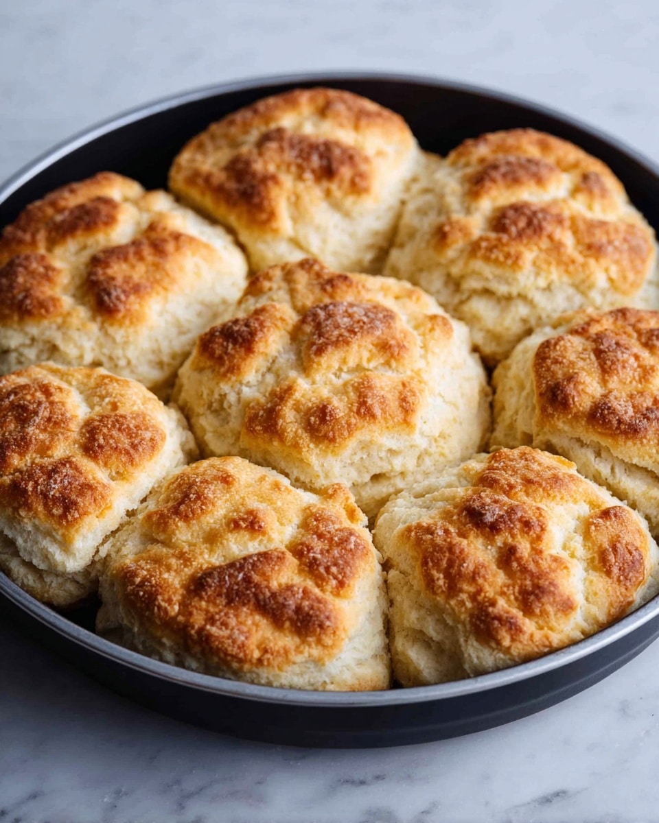 The image shows a round black pan filled with a single layer of nine golden brown baked biscuits. Each biscuit is slightly puffy with a rough and cracked surface texture showing some areas darker brown from baking. The biscuits are placed close to each other, slightly touching, and the edges are slightly uneven but well-risen. The pan rests on a white marbled surface with soft lighting highlighting the warm colors of the biscuits and the matte black of the pan. photo taken with an iphone --ar 4:5 --v 7