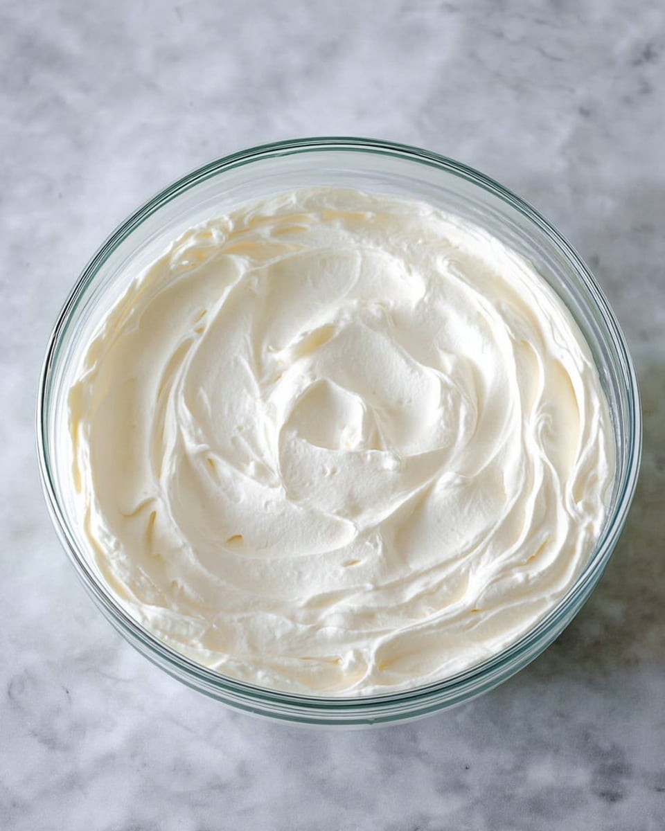 The image shows one layer of thick, smooth whipped cream or frosting in a clear glass bowl. The creamy layer is white with soft peaks and swirls creating a light, fluffy texture, evenly spread across the bowl's bottom and sides. The bowl sits on a white marbled surface. photo taken with an iphone --ar 4:5 --v 7