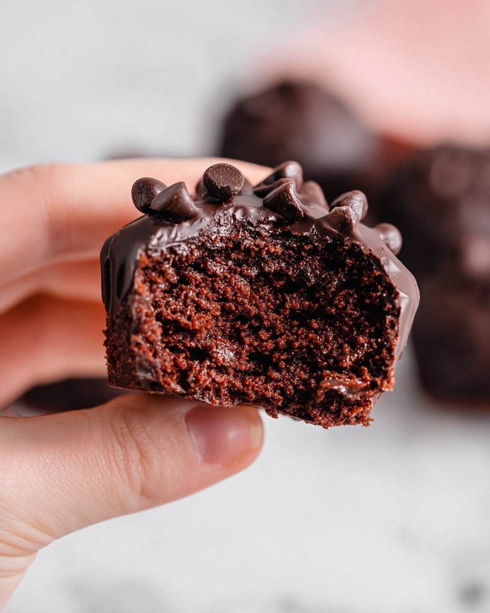 A close-up view of a chocolate treat held between a woman's hand thumb and forefinger, showing one side bitten to reveal a dense, rich, and slightly crumbly chocolate cake interior. The outside is covered in a smooth, glossy dark chocolate layer with small, round dark chocolate chips on top. The background features a soft focus of more chocolate treats on a white marbled surface. photo taken with an iphone --ar 4:5 --v 7