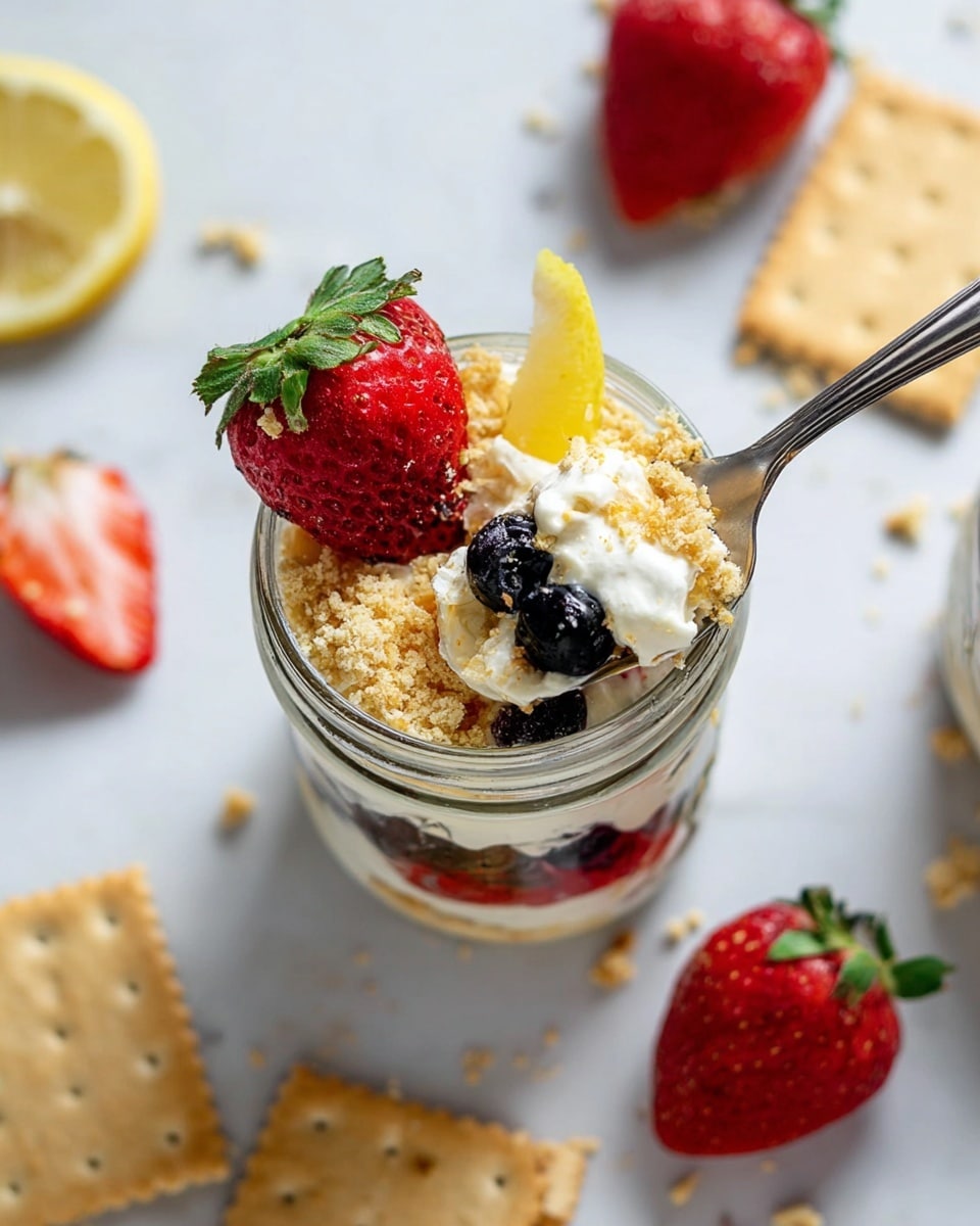The image shows a clear glass jar dessert with four layers: the bottom layer is white cream, the second layer is light brown crumbs, the third layer has dark blueberries, and the top layer is decorated with a half red strawberry with green leaves on the left and a small yellow lemon slice on the right. A silver spoon is scooping from the jar showing the mix of cream, crumbs, and a blueberry. Around the jar, there are whole strawberries and light tan square crackers scattered on a white marbled surface. photo taken with an iphone --ar 4:5 --v 7