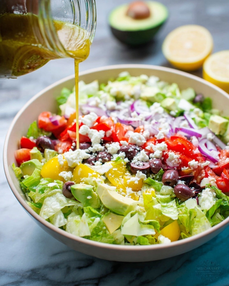 A large white bowl filled with a fresh salad showing three main layers: at the bottom, light green chopped lettuce; the middle layer has bright yellow bell pepper pieces and sliced purple olives; the top layer is colorful with red cherry tomato halves, chunks of green avocado, and thin slices of purple onion, all sprinkled with white crumbled cheese. A clear jar is pouring golden dressing over the salad, and a woman's hand is holding the jar from the left side of the image. In the background, part of a green avocado and a lemon wedge appear on a white marbled surface. Photo taken with an iphone --ar 4:5 --v 7