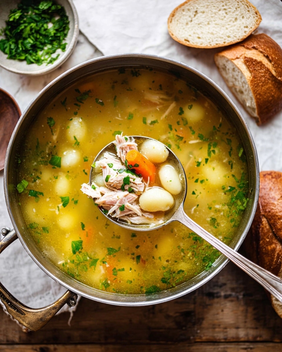 A deep silver pot filled with clear yellow broth with visible small chopped vegetables and fresh green herbs floating on the surface. A silver spoon lifted above the pot holds pieces of white gnocchi, light pink shredded chicken meat, and a small slice of orange carrot, all sprinkled with chopped green herbs. To the top left, a small bowl with fresh chopped green herbs sits on a rustic wooden table, and to the top right, two slices of bread rest on a pale cloth. The background is a white marbled texture. Photo taken with an iphone --ar 4:5 --v 7