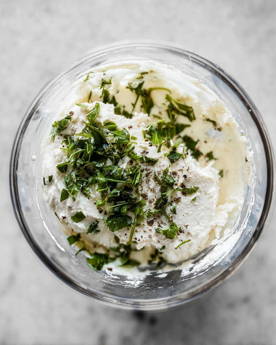 In a glass container, there is one layer of soft, white cream cheese with a slightly uneven texture. On top of this, finely chopped bright green herbs are sprinkled unevenly, with some black pepper flakes visible. The inside edges of the container have some remnants of the spread, showing a soft and creamy consistency. The container is set on a white marbled surface, and the photo is taken from above, focusing on the mix of cream cheese and herbs. photo taken with an iphone --ar 4:5 --v 7