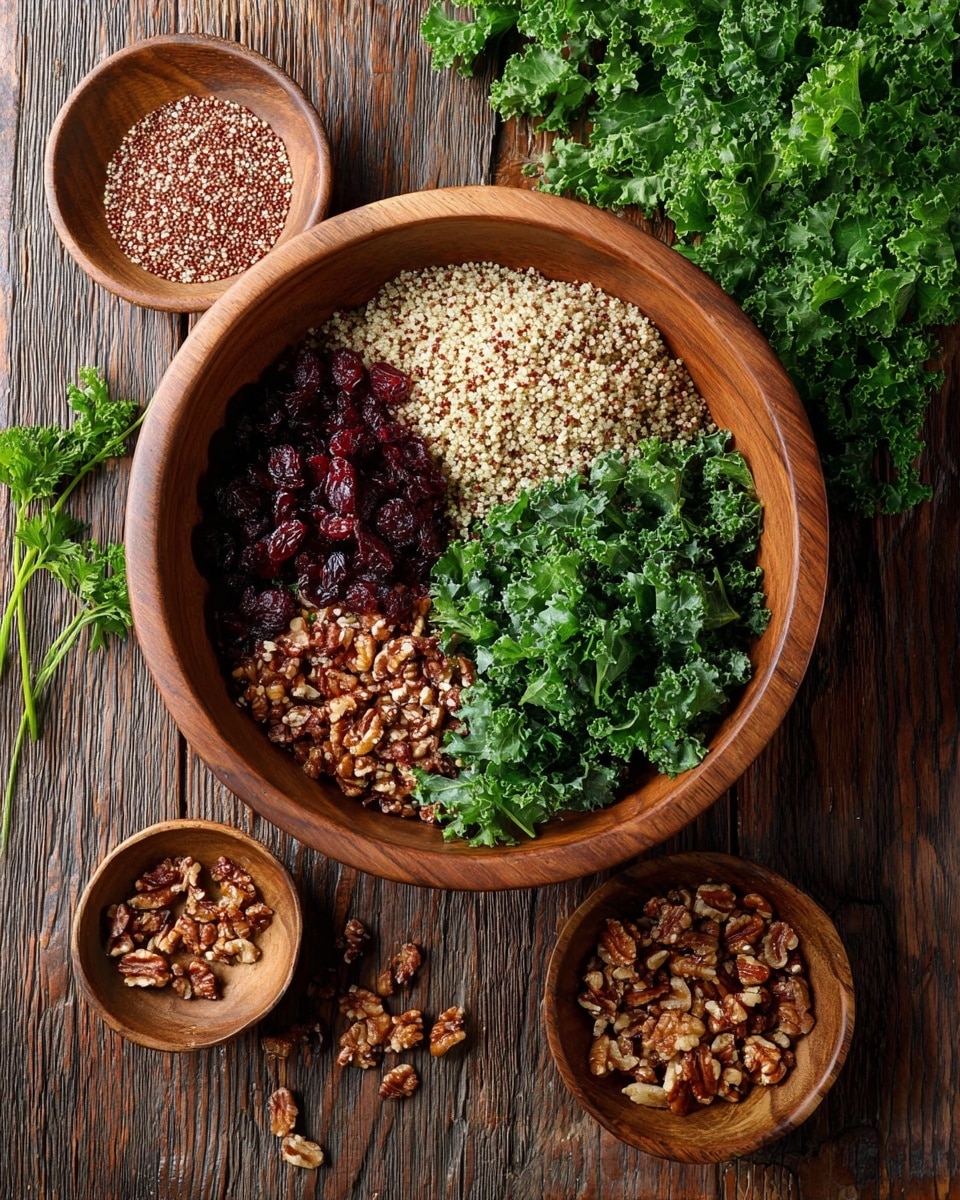 A wooden bowl filled with four clear sections: the bottom left holds soft, light tan and maroon quinoa grains, the top left has bright, shiny dried cranberries in dark red, the top right shows fresh, curly, dark green kale leaves, and the bottom right contains chopped, toasted brown nuts. Around the bowl are small wooden bowls with extra quinoa, kale, and nuts, all placed on a rustic dark brown wooden table. Fresh green parsley rests at the top with some kale pieces scattered around. Photo taken with an iphone --ar 4:5 --v 7