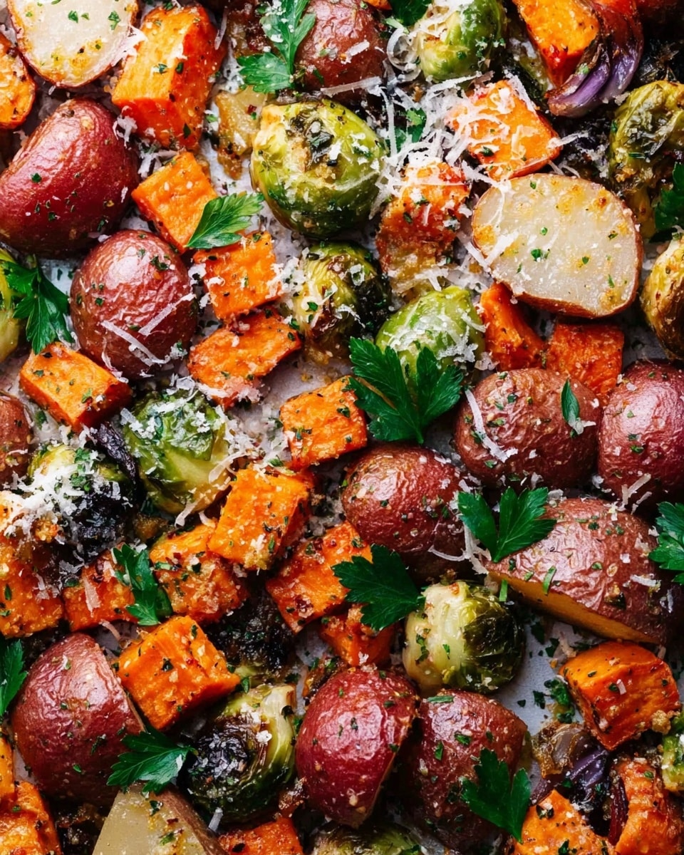 The image shows a close-up of roasted vegetables on a white marbled surface, featuring roughly four layers. The bottom layer is made of halved red potatoes with a reddish-brown skin and a soft, cooked texture. Scattered among the potatoes are chunks of bright orange sweet potatoes and pieces of green Brussels sprouts with some charred edges. The top layer is sprinkled with finely grated white cheese and fresh green parsley leaves, adding texture and color contrast. The vegetables have a slightly browned, roasted look, with herbs and seasoning visible on top. Photo taken with an iphone --ar 4:5 --v 7