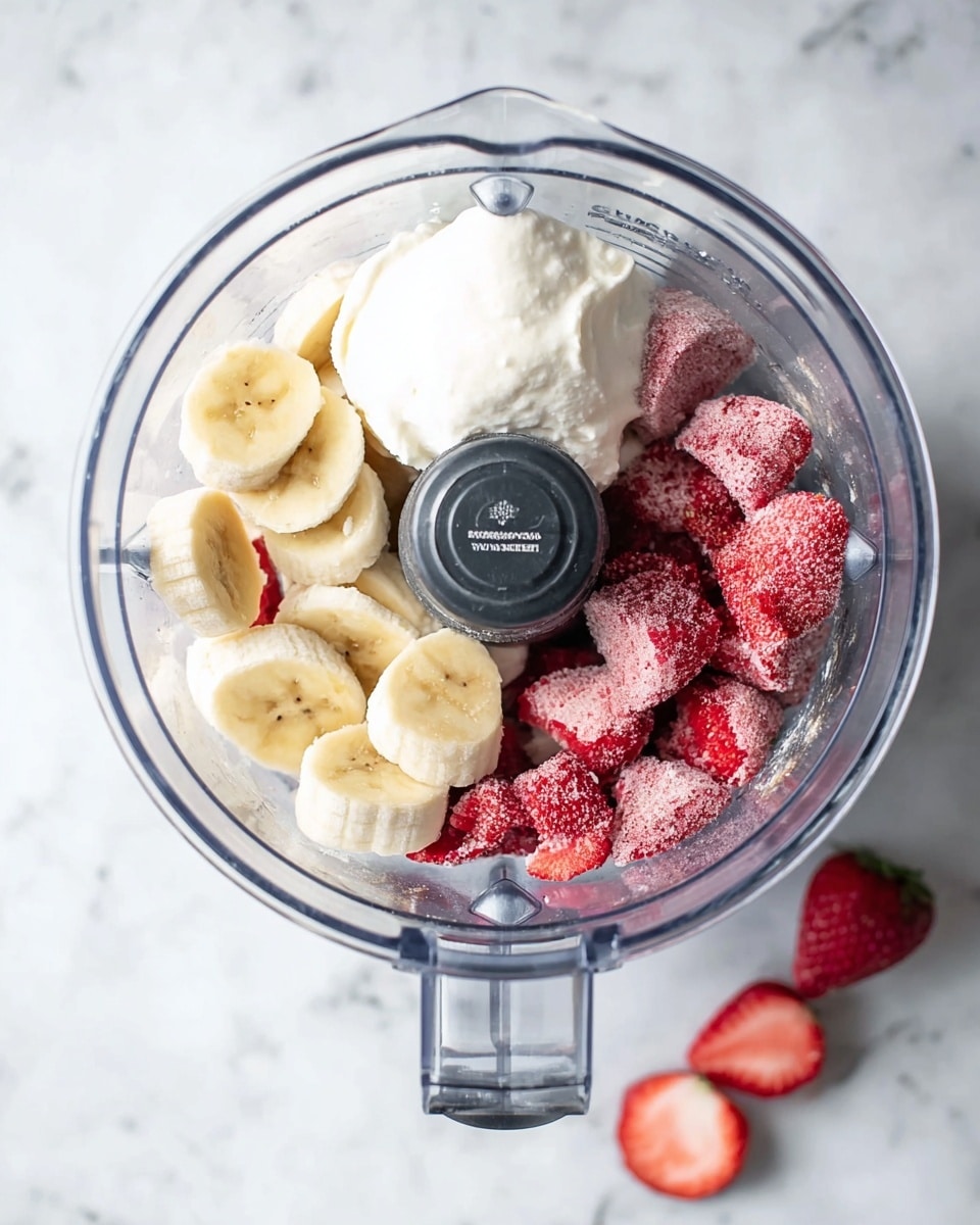 In a clear blender bowl, several ingredients are placed separated but visible against a white marbled surface. At the bottom right, there is a group of frozen strawberries which are deep red with frosty texture. To the left and center areas, there are thick, round slices of banana in pale yellow color with soft texture. Near the strawberries and banana slices, a scoop of white creamy yogurt sits on top, creating a soft and smooth layer. The blender’s central black blade assembly is visible at the middle, dividing the ingredients. Outside the blender at the bottom right corner of the image, three whole strawberries and one half strawberry are positioned on the white marbled texture. Photo taken with an iphone --ar 4:5 --v 7