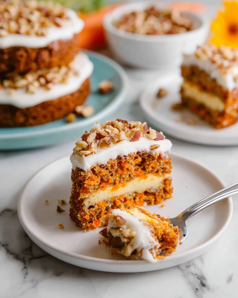 A small two-layer carrot cake sits on a white plate, the cake layers are orange-brown with bits of carrot visible. Between the two layers is a thick, smooth, light yellow cream layer. The top layer of the cake is covered with white frosting and sprinkled with small pieces of chopped nuts. A fork holds a bite-sized piece of the cake with white frosting. In the background, more small two-layer carrot cakes with white frosting and nuts sit on a white plate, and a white bowl filled with chopped nuts is also visible. The surface under everything has a white marbled texture. Photo taken with an iphone --ar 4:5 --v 7