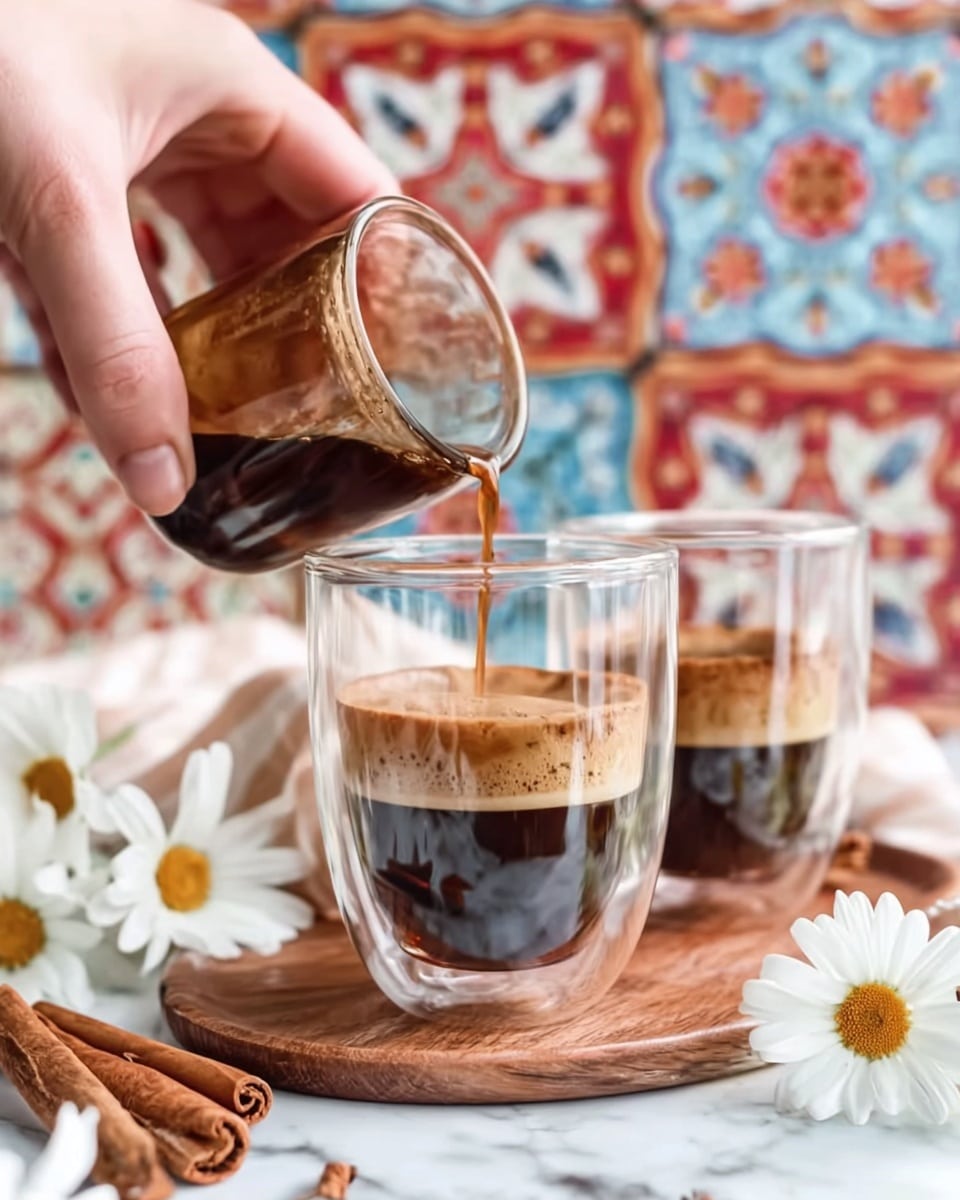 A woman's hand is pouring dark brown coffee from a small glass into a taller clear double-walled glass, which already has some coffee inside with light foam on top. Behind it, there is another similar glass filled halfway with coffee. The glasses sit on a round wooden board on a white marbled surface, surrounded by white daisy flowers with yellow centers and cinnamon sticks. The background shows colorful patterned tiles with red, blue, and beige tones. photo taken with an iphone --ar 4:5 --v 7