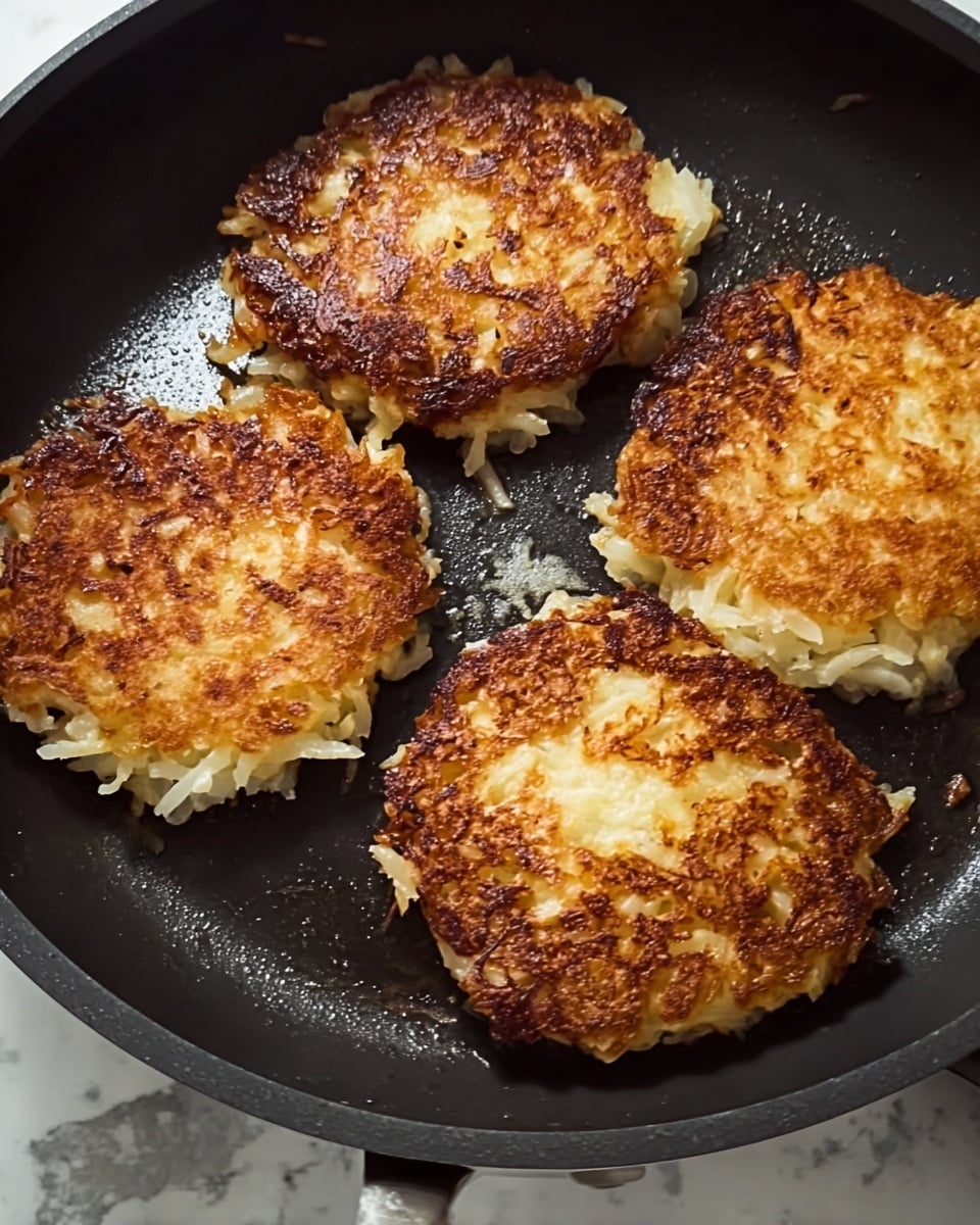 The image shows four golden brown, crispy patties frying in a black non-stick pan. Each patty has a rough texture with visible shreds of light-colored ingredients inside, creating a contrast between the browned outside and the pale interior. The patties are rustic and irregular in shape, clustered with some space between them. The pan sits on a surface with a white marbled texture in the background. photo taken with an iphone --ar 4:5 --v 7