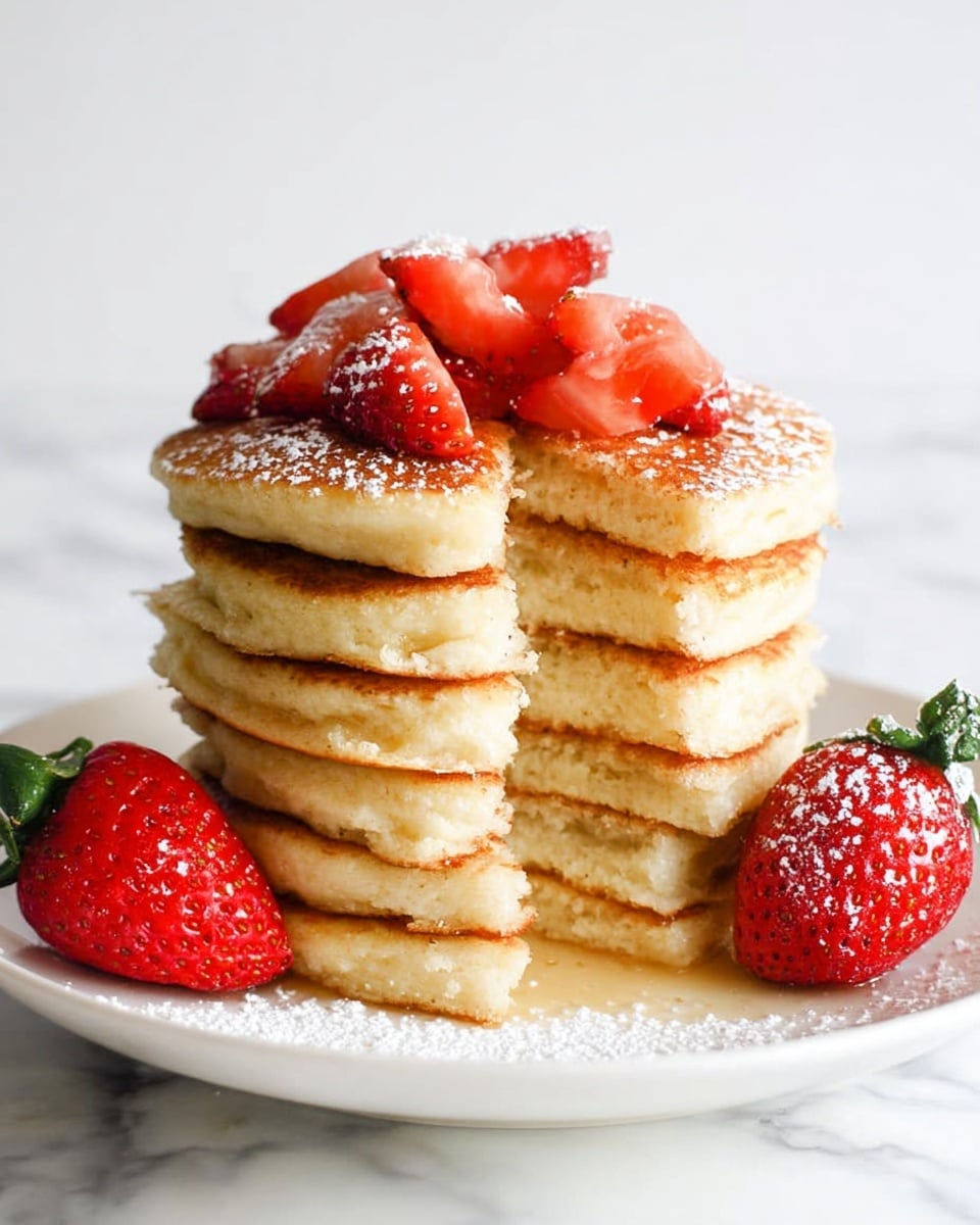 A tall stack of six light golden brown pancakes with soft, fluffy texture is placed on a white plate. The stack is topped with bright red sliced strawberries, some dusted with white powdered sugar. Two whole strawberries with green tops rest on the plate next to the stack. The background has a white marbled texture that highlights the warm colors of the pancakes and strawberries. Photo taken with an iphone --ar 4:5 --v 7