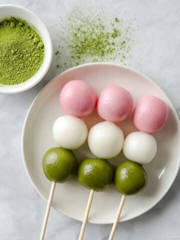 Easy Dango Recipe with Matcha, Pink, and White Colors Recipe