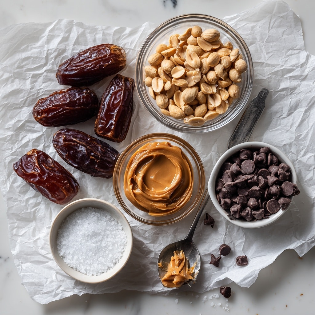 The image shows ingredients laid out on crumpled white paper placed on a white marbled surface. At the top center, a small clear glass bowl is filled with light brown peanuts. Below it and to the left, there are several dark brown dates, some whole and some sliced open, showing their sticky, glossy interior. To the right of the dates, a metal spoon holds peanut butter, which is smooth and light tan. Below the spoon, a small clear glass bowl is filled with dark brown chocolate chips, with a few chips scattered outside the bowl on the paper. At the bottom left, a small white bowl with a light brown rim has coarse white salt inside. Each item is clearly separate from the others, creating an organized display of textures and colors. Photo taken with an iphone --ar 4:5 --v 7
