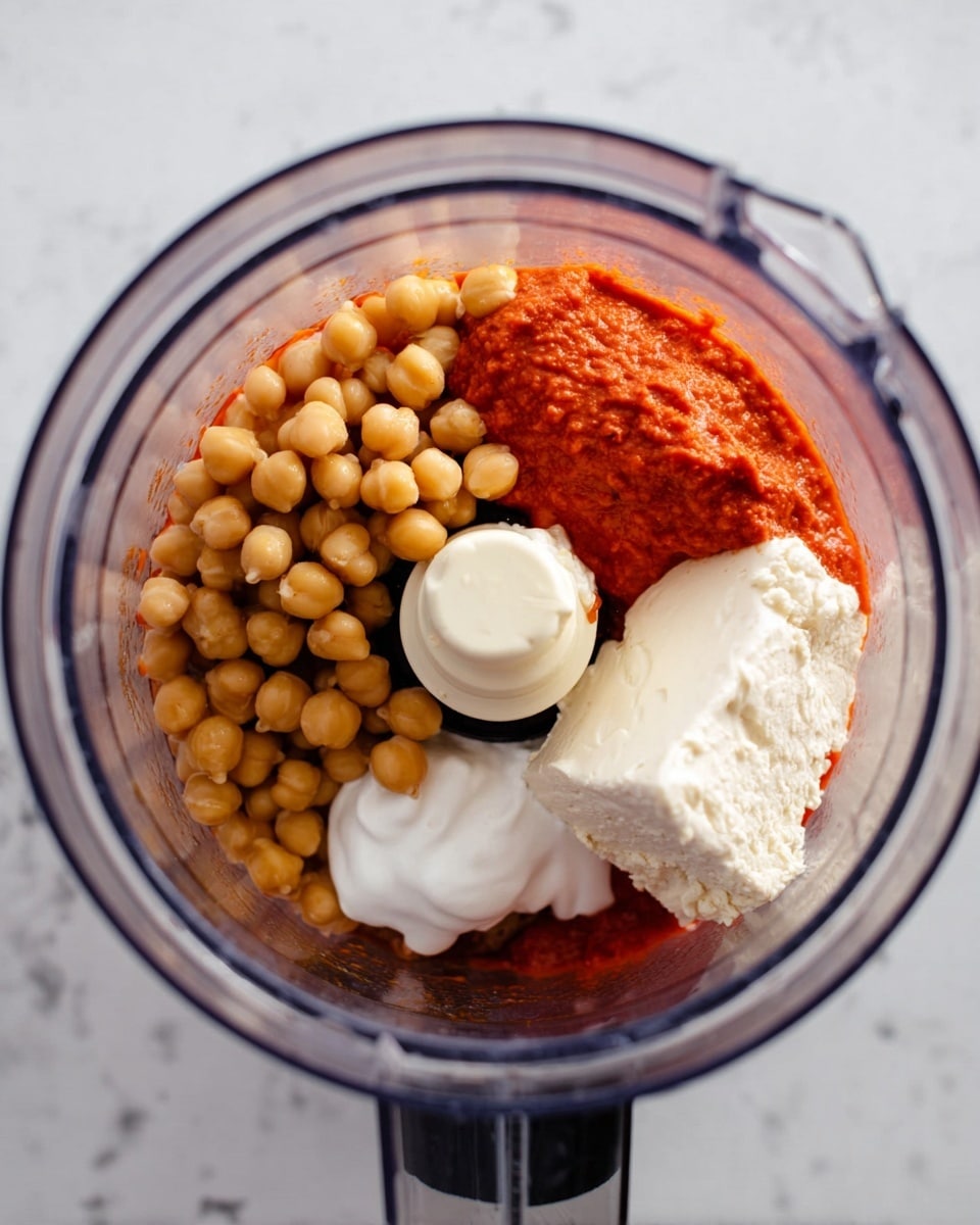 Inside a clear food processor bowl, there are four main layers: on the bottom, a bright red sauce with a smooth, almost liquid texture; next to it, a large white block with a creamy and dense look, resting partly on the red sauce; to the left, a heap of small, round chickpeas in a warm beige color, dry and firm; and on top, two dollops of white, soft cream sitting near the chickpeas. The bowl is set against a white marbled surface, and the focus is top-down, showing the mixture layers clearly. photo taken with an iphone --ar 4:5 --v 7