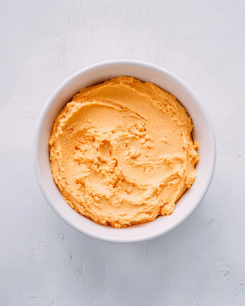 A white bowl is filled with one thick layer of creamy orange spread that has a slightly chunky texture, looking smooth on top but with small lumps visible throughout. The bowl is placed on a white marbled surface with a clean, bright background. photo taken with an iphone --ar 4:5 --v 7