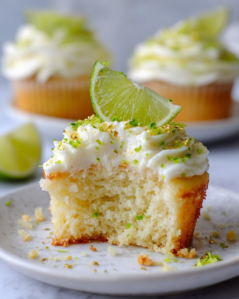 The image shows a close-up of a half-eaten cupcake on a white plate with a white marbled texture surface. The cupcake has two layers: the bottom layer is a soft, light yellow cake with a moist texture, and the top layer is a thick, creamy white frosting decorated with small green lime zest bits and tiny golden crumbs. A fresh, bright green lime wedge is placed on top, angled slightly to the side. In the background, there are two more cupcakes with similar frosting and lime wedge toppings, slightly out of focus. The photo taken with an iphone --ar 4:5 --v 7