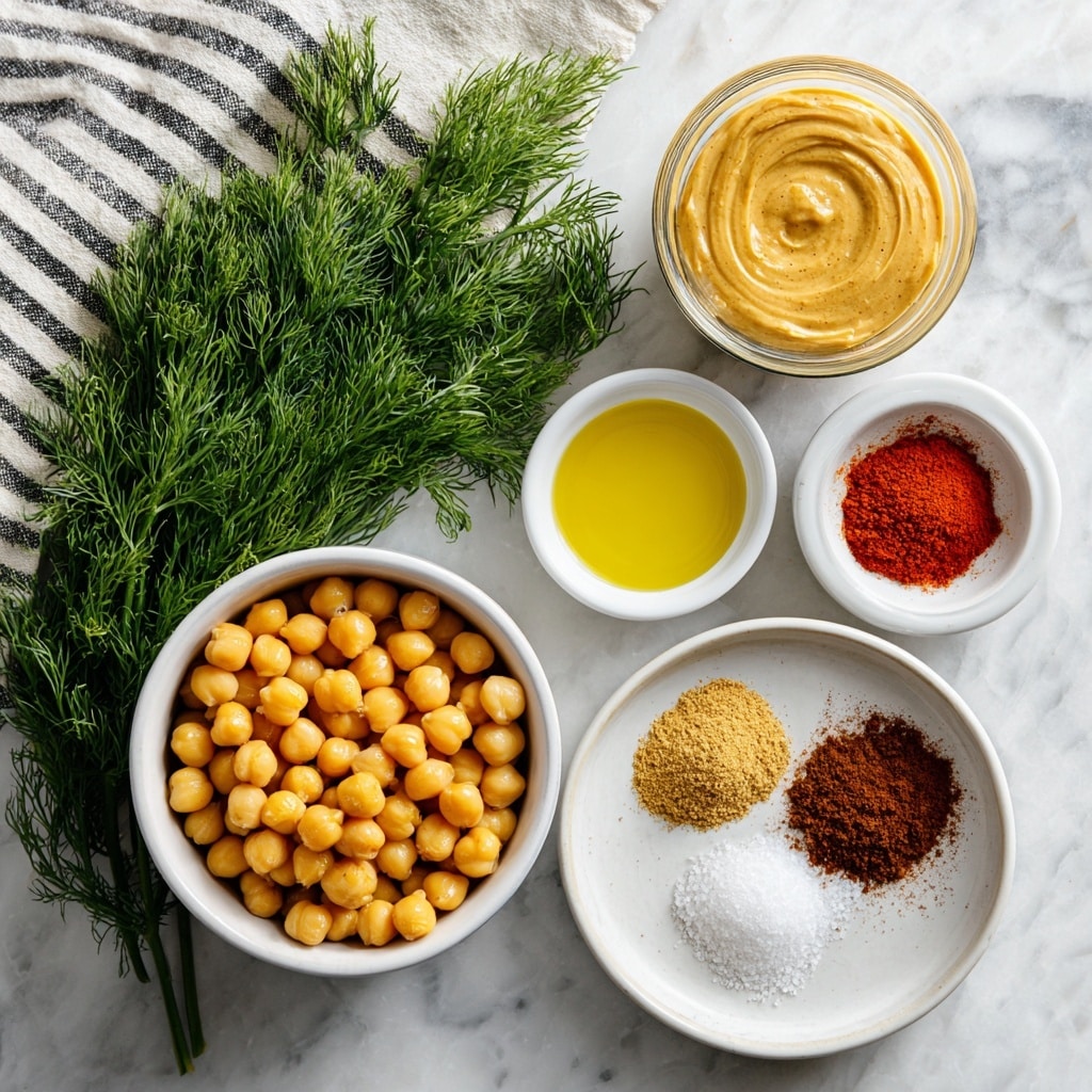 The image shows several small white bowls and a small white cup arranged on a white marbled texture. The small white cup at the bottom right is filled with light yellow canned chickpeas. To the left of the cup is a bunch of fresh green dill. Above the cup, a small round white dish holds a bright yellow olive oil. Next to it, slightly above and to the left, is another small white bowl filled with a pale yellow pickle brine. Above this is a clear glass bowl filled with thick, light brown tahini sauce. To the right of the glass bowl, a small round white plate has four different spices arranged in separate piles: deep red paprika on the top left, light tan garlic powder on the bottom left, a dark brown cumin powder on the right, and white salt in between the powders. A white and black striped cloth is partially visible at the top left corner. Photo taken with an iphone --ar 4:5 --v 7