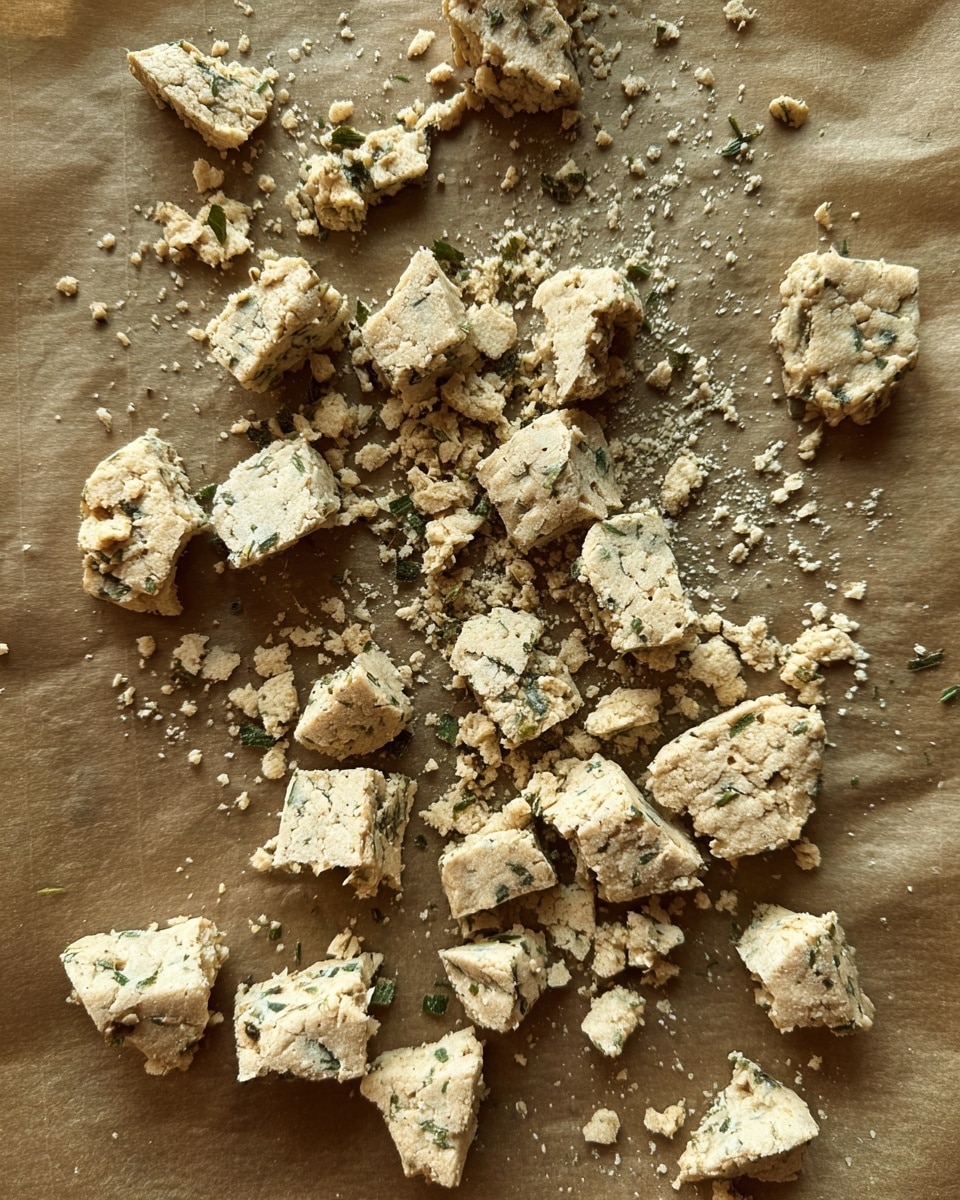 There are many small, uneven pieces of light beige dough scattered on a sheet of brown parchment paper. The dough pieces have a rough texture and are mixed with small green herb bits. Some pieces are broken into smaller crumbs around them. The parchment paper has a slightly crinkled surface. photo taken with an iphone --ar 4:5 --v 7