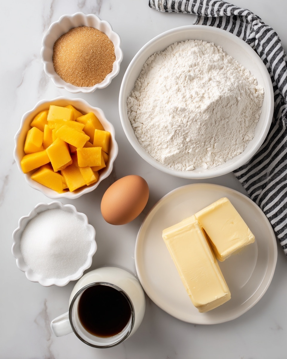 The image shows several white bowls and one white plate with ingredients arranged on a white marbled surface. At the top center is a large white bowl filled with flour, its white powdery texture visible. Below it are two smaller white bowls; one contains bright orange chunks of mango with a smooth surface, and the other is filled with white sugar with a fine, granular texture. To the left are two small white scalloped bowls; one has light brown sugar that looks soft and crumbly, while the other holds white powdered sugar with a fine dust-like texture. To the right is a white plate holding two solid pieces of pale yellow butter with a slightly smooth texture. Near the bottom right, there is a single brown egg, a small white cup with a dark brown vanilla liquid, and a clear glass container holding pale white milk. Each item is clearly labeled in black text. A striped black-and-white cloth is partially visible at the top right. photo taken with an iphone --ar 4:5 --v 7