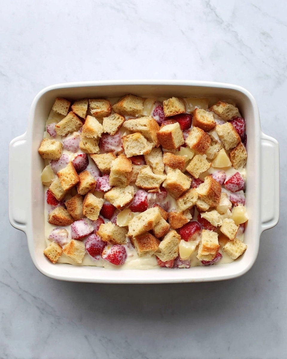 A white baking dish filled with three main layers visible from the top: at the bottom, there is a creamy white base layer that is smooth and soft; the middle layer has pink and red strawberries scattered unevenly with some light yellow chunks mixed in; the top layer is made of golden brown bread cubes that look crisp and lightly toasted, covering the fruit and cream. The dish sits on a white marbled surface. Photo taken with an iphone --ar 4:5 --v 7