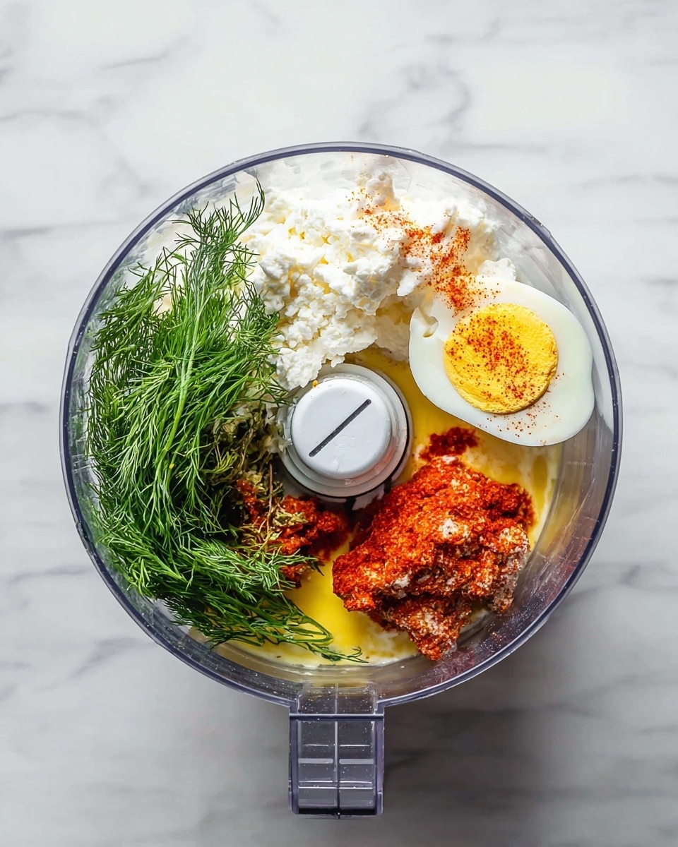 A clear food processor bowl sits on a white marbled surface, filled with five main layers of ingredients. On the left side, there is a bunch of fresh green dill with thin, feathery leaves. Next to it is a layer of white cottage cheese with a slightly lumpy texture. On the top right, there is half a hard-boiled egg, white outside and yellow yolk inside, sprinkled with a small amount of orange-red spice powder. Below the egg, there is a reddish-orange chunky mixture with a dusting of white powder, possibly cheese or seasoning. The bottom right corner has a bright yellow layer that looks smooth and creamy. The clear bowl has a central blade attachment in the middle. Photo taken with an iphone --ar 4:5 --v 7