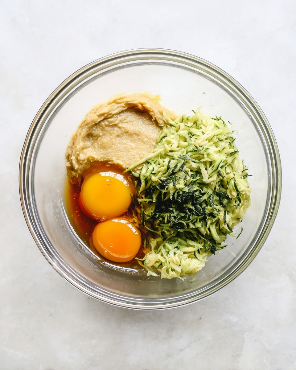 A clear glass bowl sits on a white marbled surface, holding four main layers of ingredients. On the left is a light beige, smooth paste with a soft texture. Two raw eggs with bright yellow and orange yolks rest on the top right next to the paste. On the far right, there is a pile of finely shredded green zucchini with dark green edges, showing a slightly moist texture. The bowl's top edge reflects light, highlighting the clean glass. Photo taken with an iphone --ar 4:5 --v 7