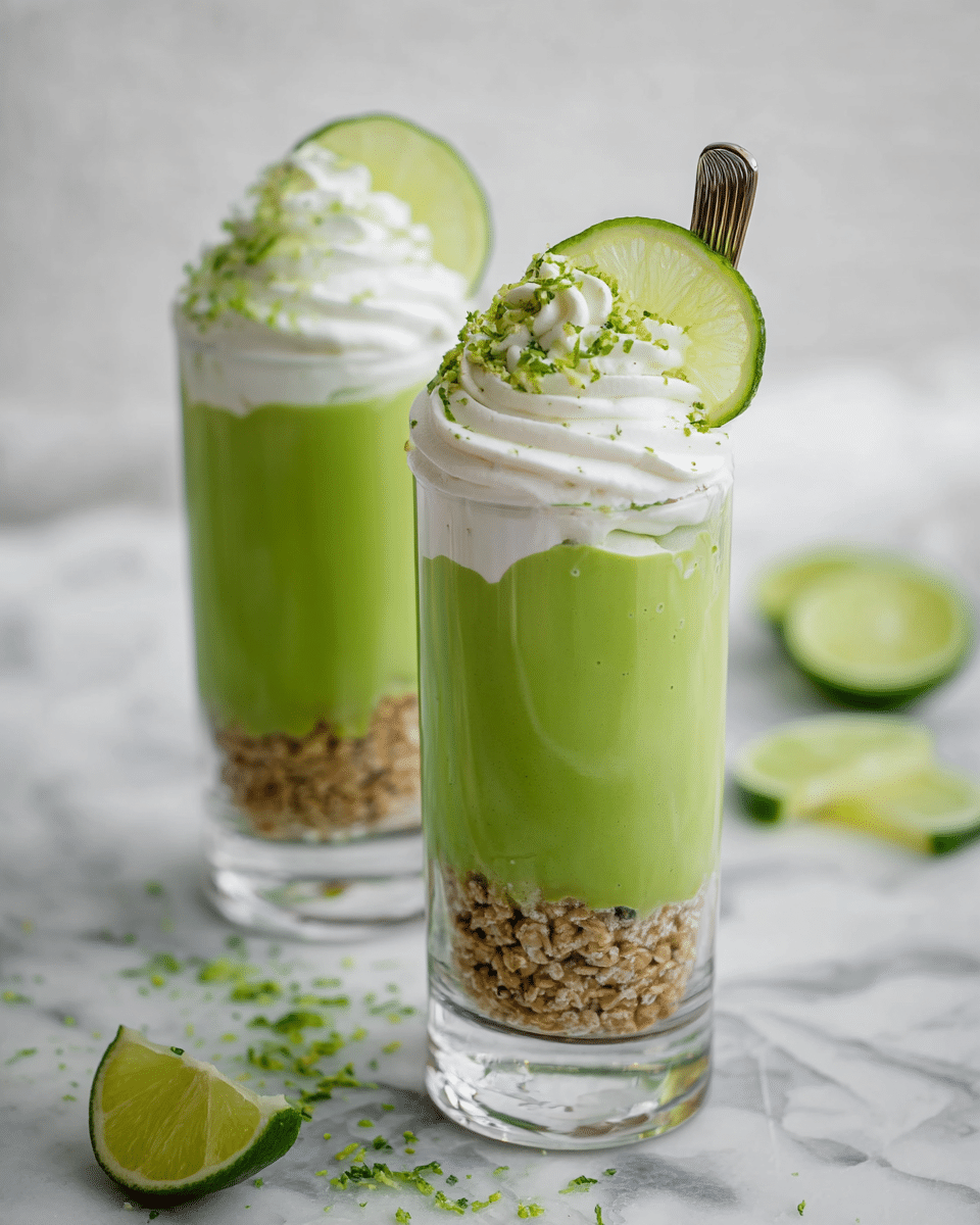 The image shows three clear glass cups filled with a dessert that has three layers. The bottom layer is light brown and looks like crushed nuts or granola. The middle layer is smooth and green, resembling a creamy matcha or lime filling. The top layer is white and fluffy, like whipped cream, with two thin lime slices and green lime zest curls placed on top for decoration. Each cup has a small silver spoon inside it. Around the cups, there are some lime wedges and thin green curls of lime peel scattered on a white marbled surface. In the background, a metal grater with lime zest on it is partly visible. photo taken with an iphone --ar 4:5 --v 7