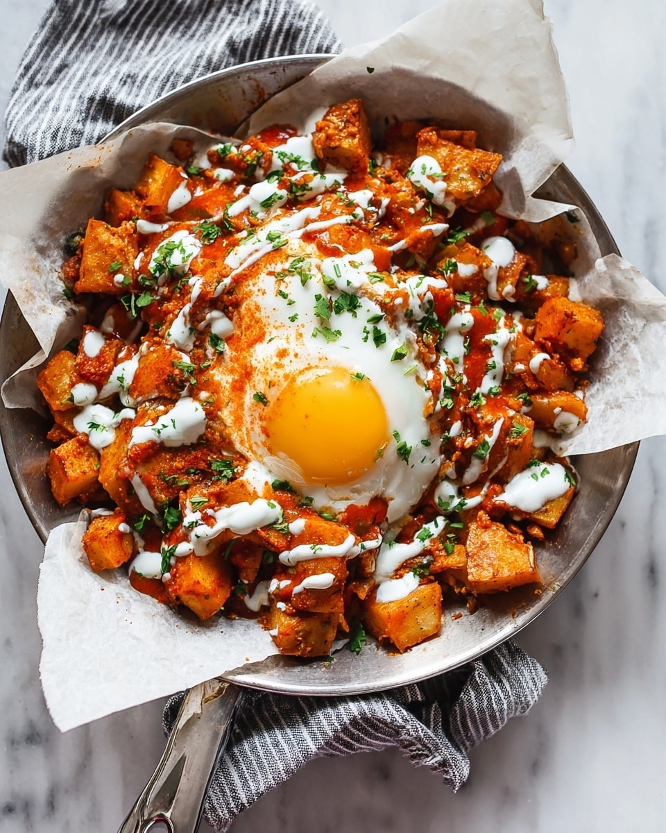 The image shows a dish in a round metal pan lined with parchment paper on a white marbled surface. The bottom layer is made of orange-brown fried potato chunks, with a chunky texture and some green herb bits sprinkled on top. Over the potatoes, there are drizzles of two sauces—one creamy white sauce and one reddish-orange sauce. In the center, a sunny-side-up fried egg with a bright yellow yolk and slightly crispy edges is placed on top of the potatoes. Small pieces of chopped green herbs are scattered over the whole dish for garnish. A striped cloth is visible below the pan’s handle. photo taken with an iphone --ar 4:5 --v 7