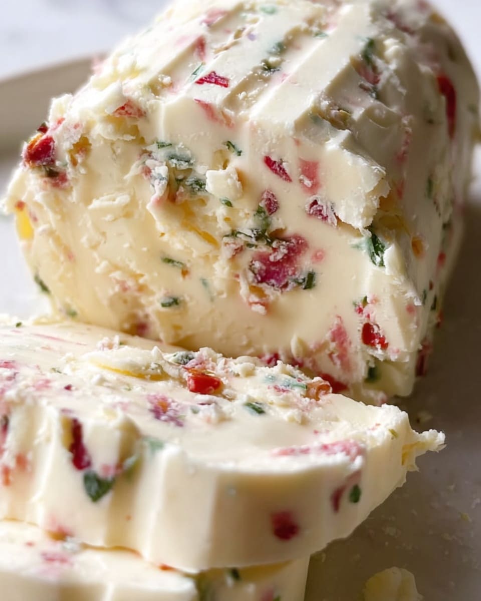 The image shows a white oval plate on a white marbled surface, holding a log-shaped cheese spread mixed with thin red and green vegetable or herb pieces. The spread is creamy white with visible small red and green specks throughout, with the end of the log sliced off showing the inside texture. Two whole red radishes lay on the plate beside the cheese log, and three long green chive stems cross over the top. A silver knife rests on the plate behind the cheese, with parsley and more herbs scattered around the base of the plate. The background includes a pink cloth and additional white and red radishes. photo taken with an iphone --ar 4:5 --v 7