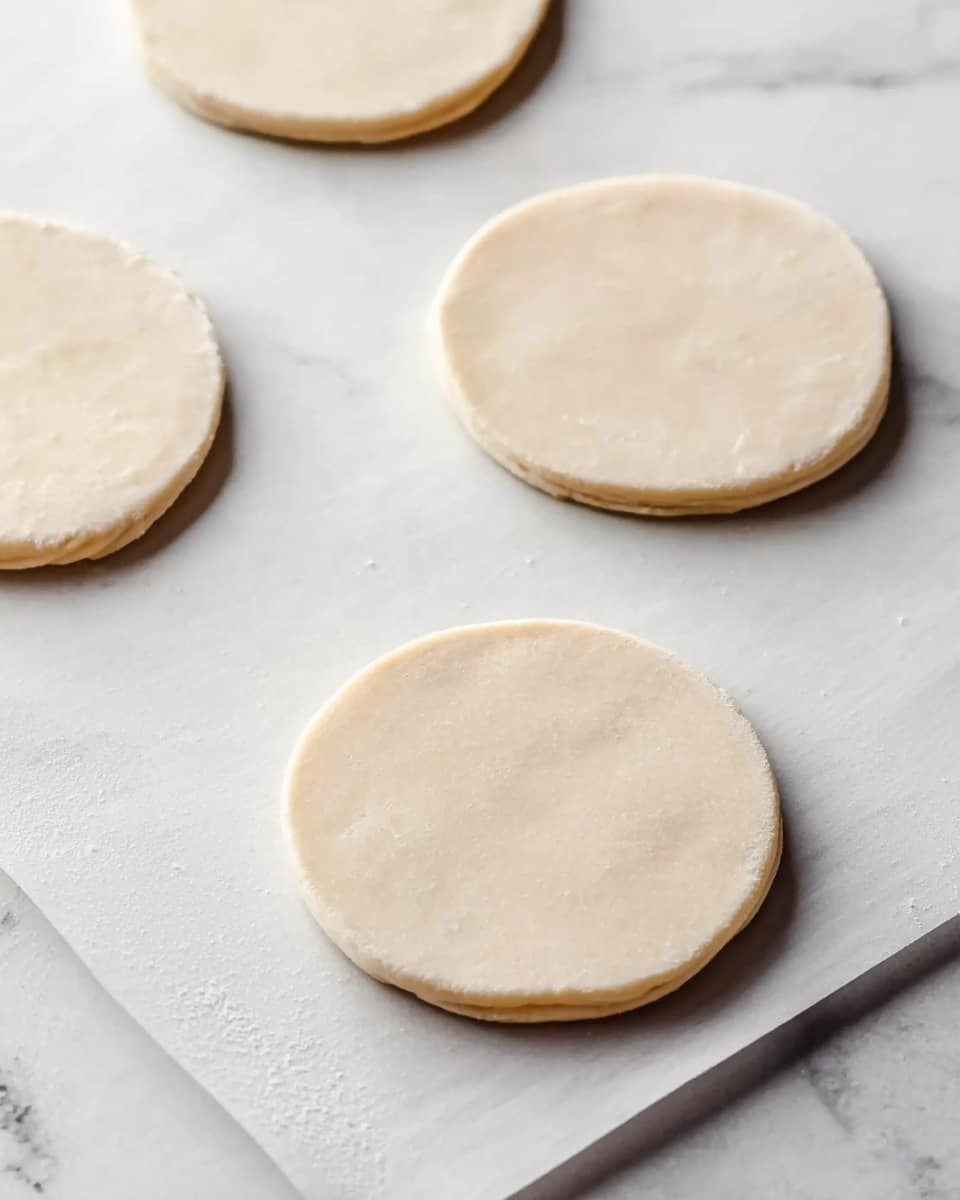 The image shows four circle shapes made of light beige dough placed in a scattered way on a white baking sheet. The dough looks smooth and slightly shiny, with thin edges and a flat surface. The background is a white marbled texture, and they are arranged toward the center and top left of the frame. Photo taken with an iphone --ar 4:5 --v 7