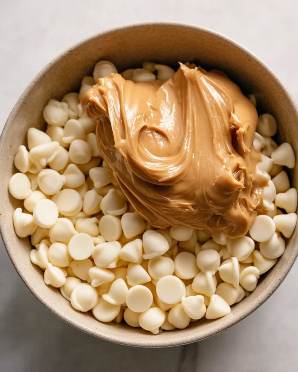 A beige bowl filled with many small, round, white chocolate chips as the base layer. On top of the chips, there is a large dollop of smooth, shiny peanut butter that is light brown in color, slightly mounded with soft swirls and peaks. The bowl is placed on a white marbled surface. photo taken with an iphone --ar 4:5 --v 7