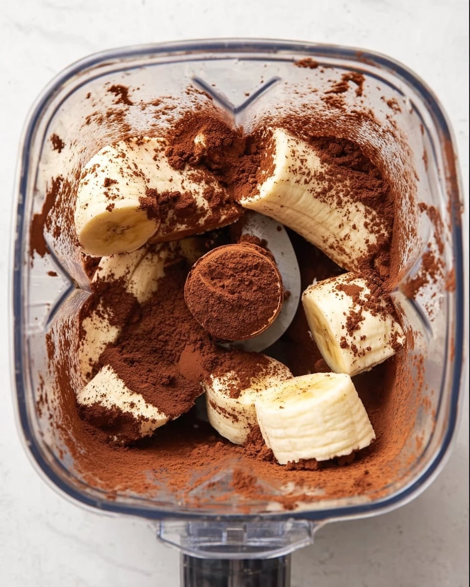 A clear blender container is filled with large banana pieces covered with dark brown cocoa powder. The bananas are pale yellow with some brown spots, and the cocoa powder lightly dusts their surface and clings to the blender's sides. The blender blade sits in the center below the bananas, and the clear container contrasts with the rich brown powder and pale fruit inside. The background is a white marbled texture. photo taken with an iphone --ar 4:5 --v 7