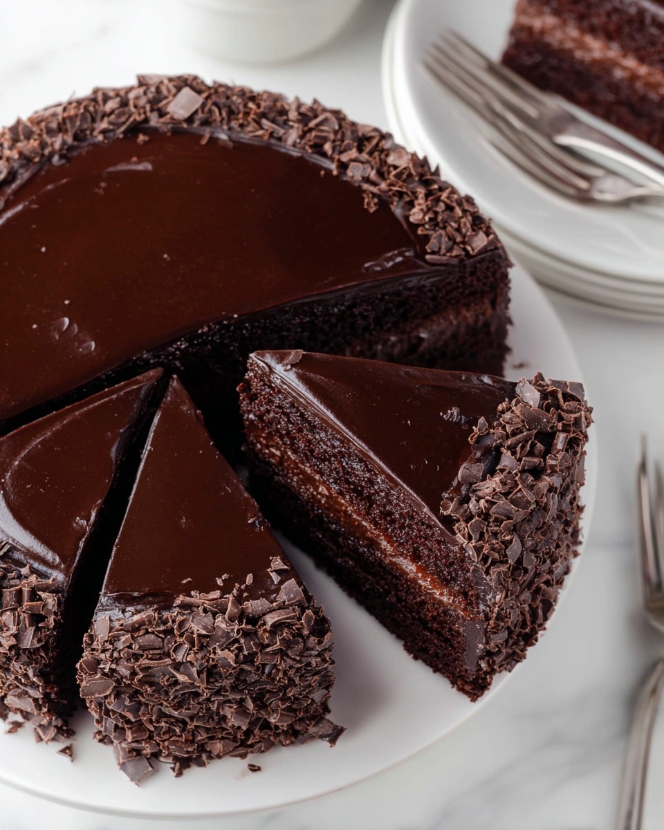 A close-up view of a chocolate cake sliced into pieces on a white plate, showing one full slice and part of the whole cake with several slices. The cake has two layers of dark chocolate sponge with a thick layer of smooth, shiny dark chocolate ganache on top that slightly drapes over the edges. Around the edge of the top layer, there is a border of chopped dark chocolate pieces, adding texture. The background is a white marbled surface with parts of stacked white plates and forks lightly out of focus on the side. Photo taken with an iphone --ar 4:5 --v 7