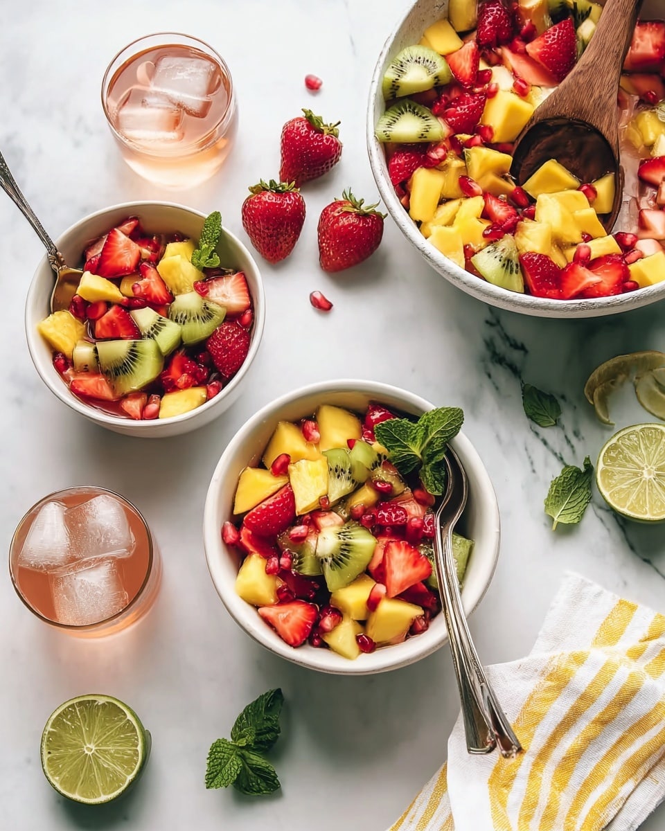 The image shows a fresh fruit salad with three white bowls filled with layers of colorful fruit chunks including red strawberries, green kiwi, yellow pineapple, bright orange mango, and red pomegranate seeds. The main bowl contains a silver spoon and a green mint leaf on top. Around the bowls, there are two whole strawberries, a few green mint leaves, two lime wedges near a striped yellow and white cloth, and a wooden spoon resting in a bigger white bowl of the fruit salad. Two glasses of light pink drink with ice cubes are placed on the white marbled surface. photo taken with an iphone --ar 4:5 --v 7