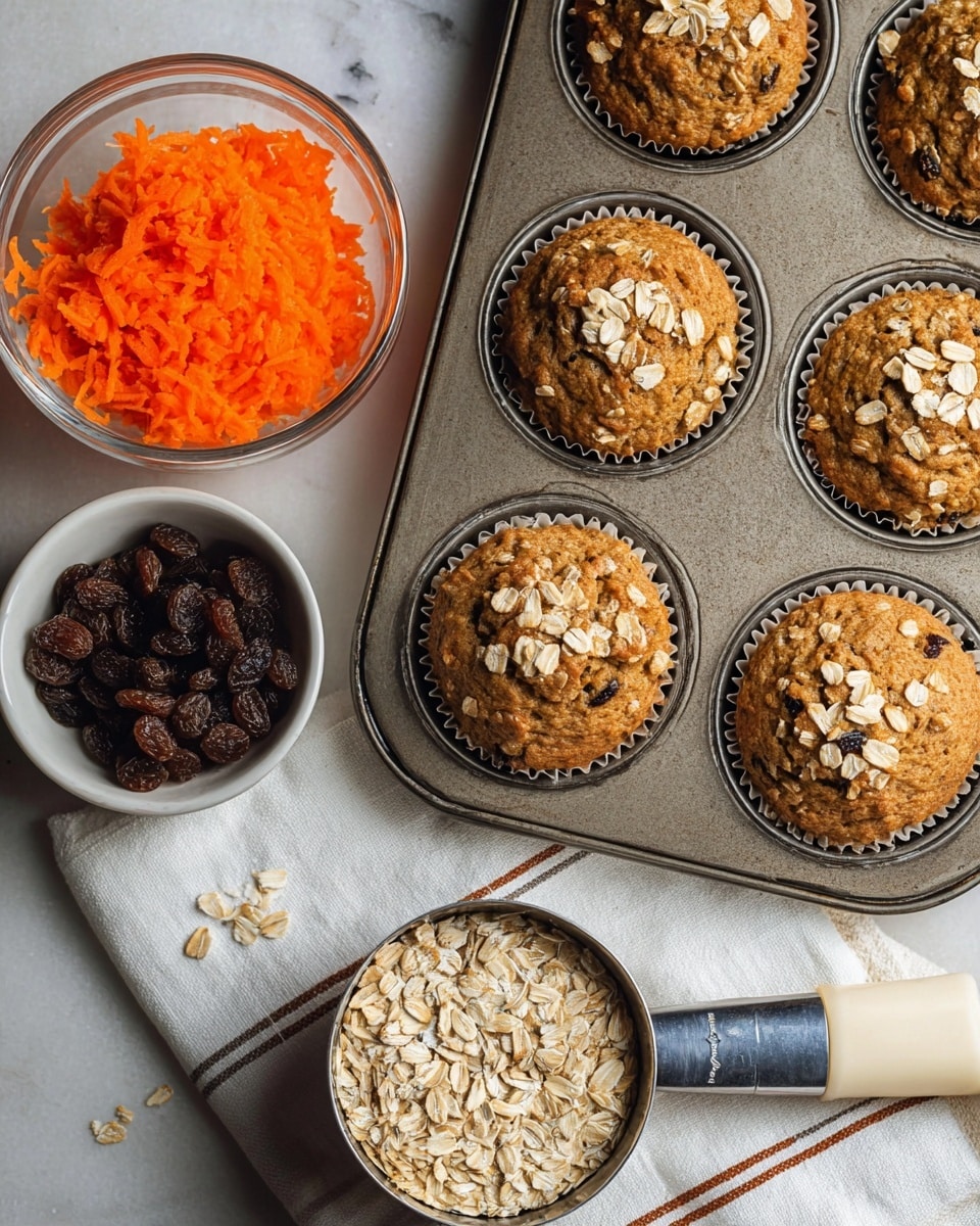 The image shows a metal muffin tray with six baked muffins, each topped with light beige oat flakes, giving them a textured surface with some dark specks that look like raisins inside. The muffins have a golden brown color with a slightly uneven, soft texture on top. To the left, there is a clear glass bowl filled with bright orange grated carrot, and below it, a white bowl with dark brown raisins. A metal measuring cup filled with beige oats is shown at the bottom of the image. A knife with a white handle and blue stripes rests on a white cloth with thin brown stripes, all set on a white marbled surface. photo taken with an iphone --ar 4:5 --v 7