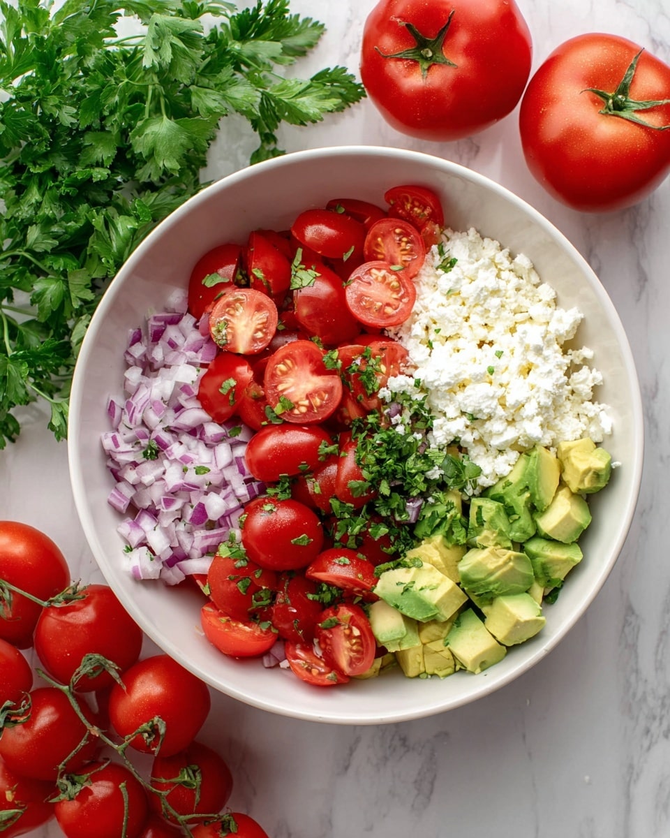 A white bowl filled with five visible layers of fresh salad ingredients. At the bottom left are bright red, sliced cherry tomatoes sprinkled with small pieces of green herbs. Next to them, at the bottom center, is a layer of finely chopped purple onions mixed with fresh chopped green herbs. At the bottom right are small chunks of light green avocado. Above the avocado is a thick layer of soft white crumbled cheese. The top center layer is whole and halved shiny red cherry tomatoes. The bowl sits on a surface with a white marbled texture, surrounded by shiny fresh red tomatoes on the vine and bright green parsley leaves. photo taken with an iphone --ar 4:5 --v 7