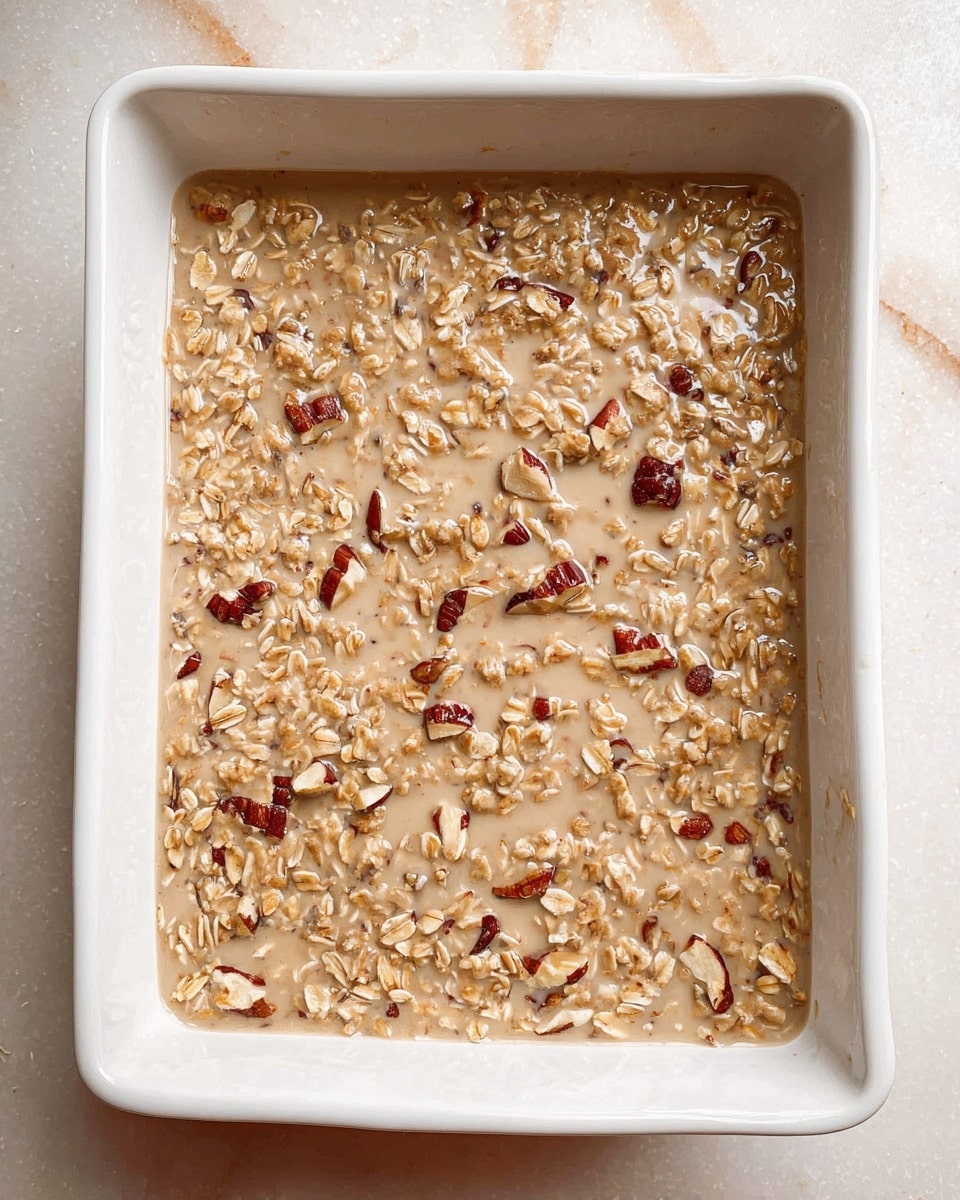 A white rectangular dish filled with a thick layer of oatmeal mixed with pieces of nuts and small bits of fruit, all soaked in a creamy light brown liquid that coats the oats evenly. The texture looks soft and slightly lumpy with visible oat flakes spread throughout, resting on a white marbled surface. photo taken with an iphone --ar 4:5 --v 7
