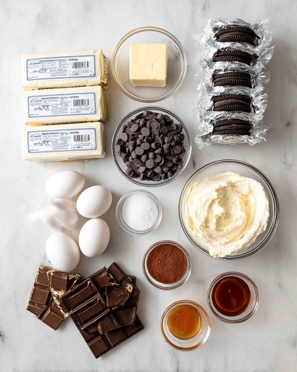 The image shows various baking ingredients neatly arranged on a white marbled surface. There are three stacks of sandwich cookies wrapped in clear plastic on the upper right, and next to them on the left are four rectangular blocks of cream cheese still wrapped in silver foil with blue and white labels. Above the cream cheese is a small glass bowl with a square piece of butter. Below the butter is a larger glass bowl filled with dark chocolate chips, and next to it on the left are four white eggs resting directly on the surface. At the bottom left of the image are several pieces of dark chocolate bars, some partially unwrapped with gold foil. In the center toward the bottom are three small bowls: one with white granulated sugar, one with white cream, and one with a dark amber liquid, likely vanilla or syrup. On the upper right side near the sugar is a small glass bowl containing brown cocoa powder. The items are all placed with some space between them, creating a clean and organized setup. Photo taken with an iphone --ar 4:5 --v 7