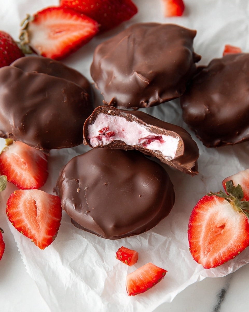 The image shows several pieces of chocolate-covered treats placed on white paper on a white marbled surface. Each treat is round and thick, coated in smooth dark brown chocolate with a slightly uneven texture. The interior of one treat reveals a pink creamy filling with bits of red fruit inside. Around the treats, there are fresh strawberries, some whole with green leaves, some sliced in half showing bright red flesh and white centers, and small diced pieces scattered between the treats. The overall composition balances the dark chocolate and vibrant red strawberries, giving a fresh and rich look. Photo taken with an iphone --ar 4:5 --v 7