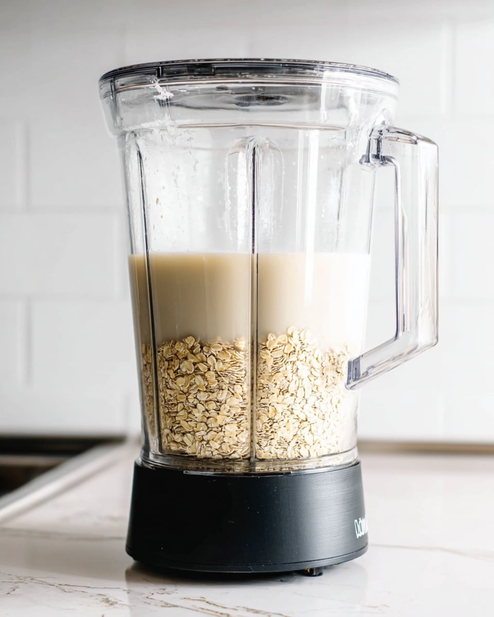 The image shows a clear blender full of two layers on a black base, placed on a white marbled surface. At the bottom, there is a thick layer of light beige rolled oats with a slightly rough texture. Above the oats, there is a larger layer of transparent liquid with a faint milky tint, filling the blender halfway. The blender is slightly glossy, with a tight lid on top and a sturdy clear handle on the right side. The background is simple and mostly white, giving focus to the blender and its contents. photo taken with an iphone --ar 4:5 --v 7
