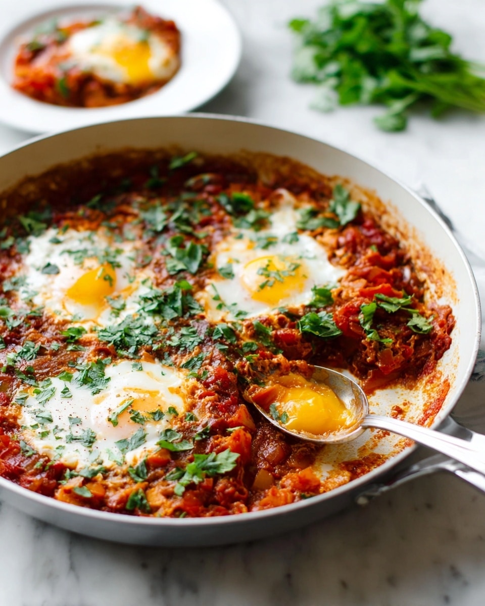 A large white pan holds a dish with two main layers; the bottom layer is a rich, chunky red tomato sauce mixed with pieces of vegetables, and the top layer consists of three cooked eggs with soft, bright yellow yolks and firm whites. The dish is sprinkled with small green herb leaves across the surface. On the edge of the pan, a spoon rests partly inside, showing a scoop taken out of the sauce and eggs. The pan sits on a white marbled surface, and in the background, there is a blurred view of a white plate with more of the dish on it, along with a bunch of fresh green herbs. Photo taken with an iphone --ar 4:5 --v 7