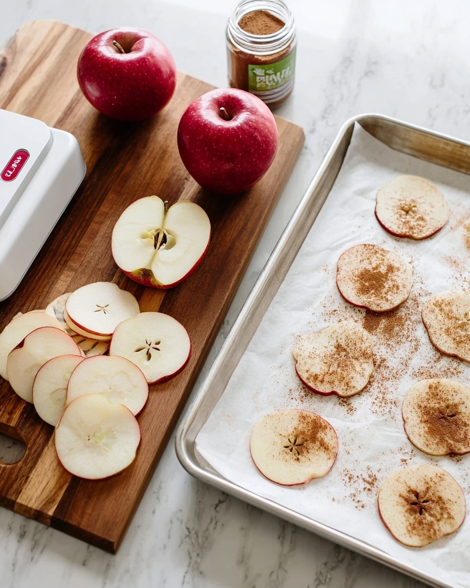 The image shows two sections: on the left side, there is a wooden cutting board with a white and red slicer, two whole red apples, one halved apple with seeds visible, and thin, round apple slices stacked and spread out neatly. On the right side, two metal baking trays lined with white parchment paper hold thin apple slices sprinkled with brown cinnamon powder. A jar of cinnamon powder stands behind the trays on a white marbled surface. photo taken with an iphone --ar 4:5 --v 7