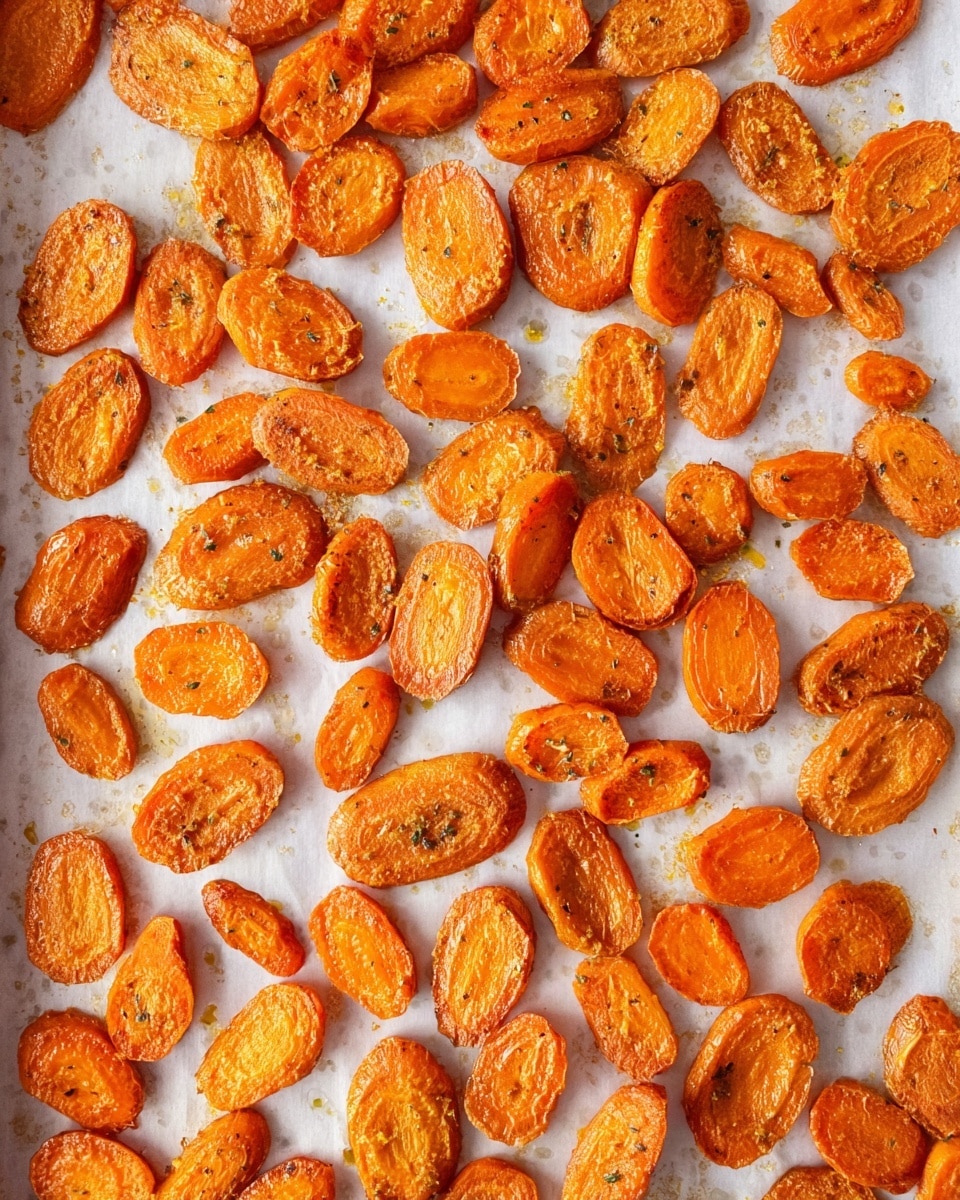 The image shows a single layer of roasted carrot slices spread evenly on a baking tray lined with white parchment paper. Each carrot slice is orange with some browned spots, showing a slightly rough and roasted texture with a light sprinkle of seasonings. The carrot slices vary in shape and size, mostly oval and round, and are spaced apart to avoid overlapping. The background surface is a white marbled texture. Photo taken with an iphone --ar 4:5 --v 7