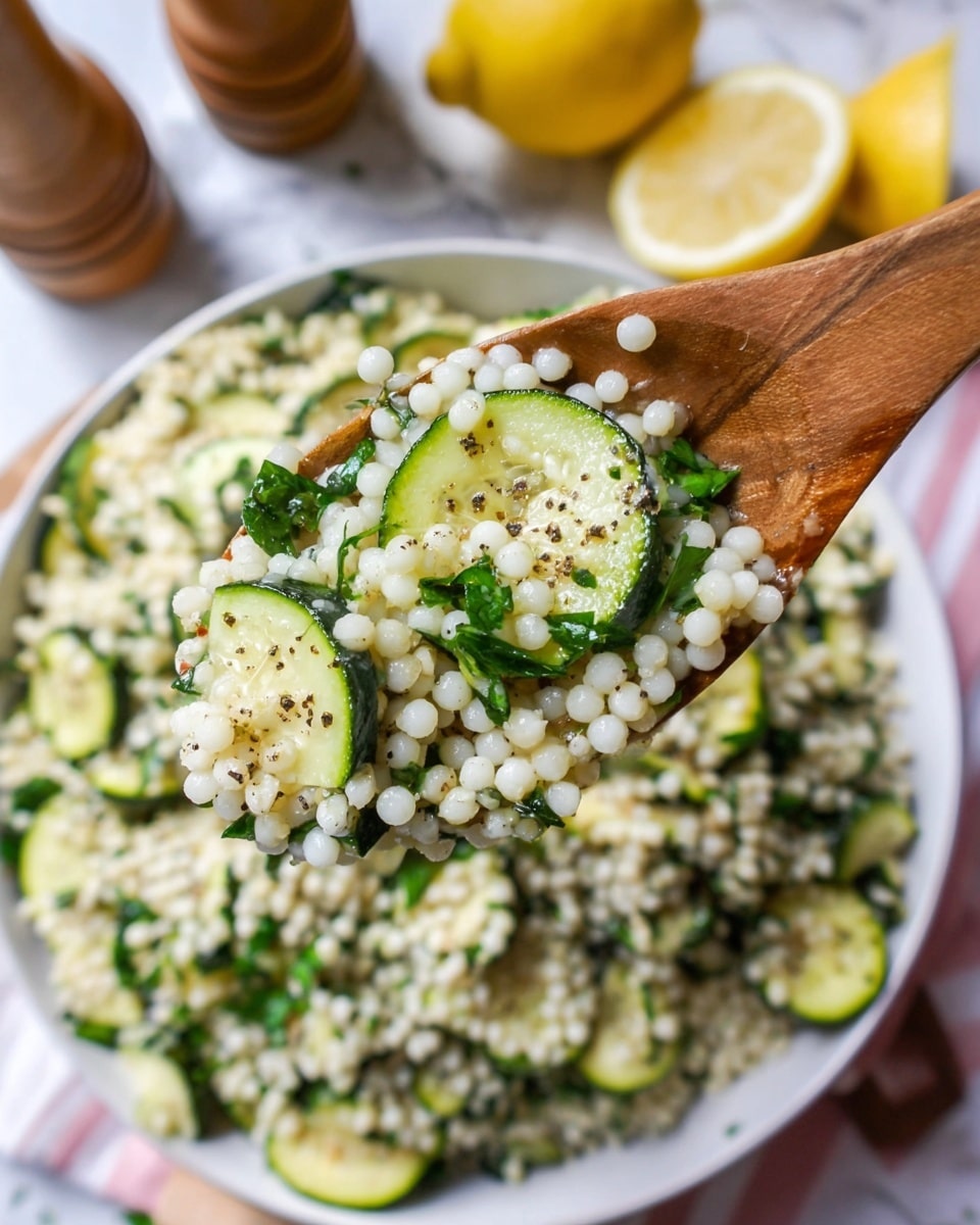 The image shows a white bowl filled with small, round, pearl-like grains mixed with green cucumber slices and bits of parsley scattered throughout. The grains are pale cream in color with a soft texture, and the cucumber slices are fresh with dark green edges and light green centers. A wooden spoon is placed inside the bowl, partially covered by the grain mixture. In the background, there are halved lemons, a jar filled with mixed peppercorns, and a white marbled surface underneath everything. The setting has a fresh and natural look. photo taken with an iphone --ar 4:5 --v 7