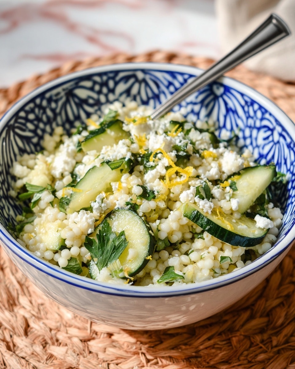 A close-up of a wooden spoon holding a scoop of pearl-like couscous mixed with fresh green zucchini slices and small bits of leafy parsley, all speckled lightly with black pepper. Below the spoon, a white bowl is filled with the same couscous mixture, showing layers of small white grains, bright green zucchini slices, and green parsley pieces. In the blurred background, there are lemon halves and a pepper grinder on a white marbled surface. The overall image is bright with natural light highlighting the fresh ingredients photo taken with an iphone --ar 4:5 --v 7