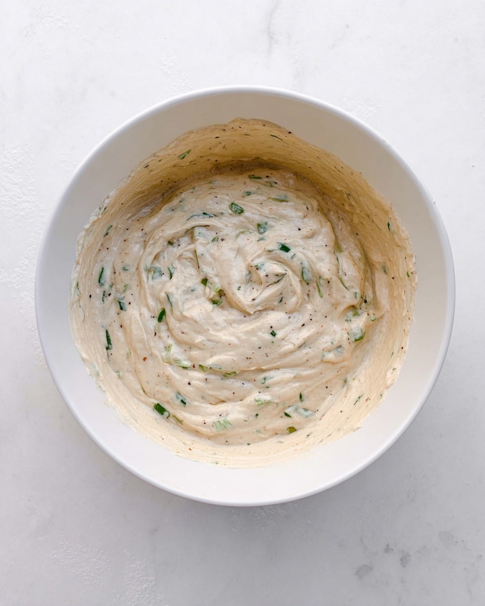 A white bowl filled with a thick creamy mixture that is light beige in color with visible small green vegetable pieces and tiny dark seasoning specks spread evenly through the mixture. The texture looks smooth but with small chunks and is slightly swirled on the surface. The bowl is placed on a white marbled surface. photo taken with an iphone --ar 4:5 --v 7