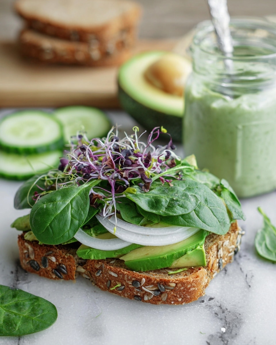 An open sandwich on a slice of whole grain bread with visible seeds forms the base layer on a white marbled surface. Above the bread, there is a layer of green avocado slices followed by thin white onion rings. On top of this, a mix of small purple and green sprouts is placed, adding texture and color contrast. The final top layer consists of fresh, large spinach leaves with bright green color and veiny texture. In the background, there is a glass jar filled with green creamy sauce with a spoon inside, some slices of cucumber, half an avocado, and a stack of whole grain bread slices. photo taken with an iphone --ar 4:5 --v 7