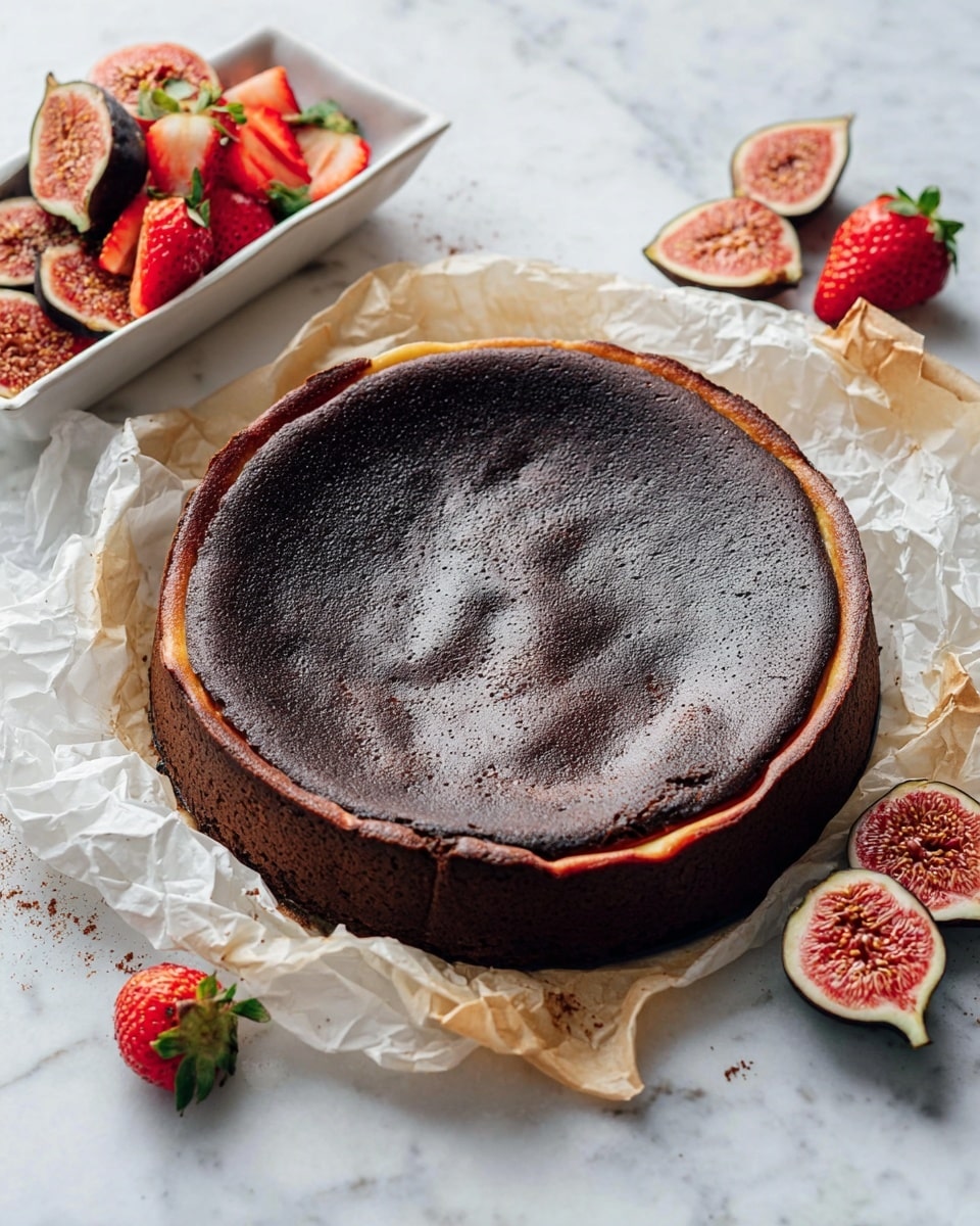 A round cheesecake with a dark, almost black top layer that is smooth but slightly cracked near the edges sits directly on crumpled white parchment paper. The cake has a slightly thicker, browned edge crust that wraps around its circumference. To the left on the white marbled surface, there is a white rectangular dish filled with halved strawberries and halved figs with purple skin and pink interiors. On the right side of the cake, there are additional halved figs scattered, along with three strawberries—two halved and one whole—placed near the bottom edge of the image. The overall composition has a bright, natural light look, photo taken with an iphone --ar 4:5 --v 7